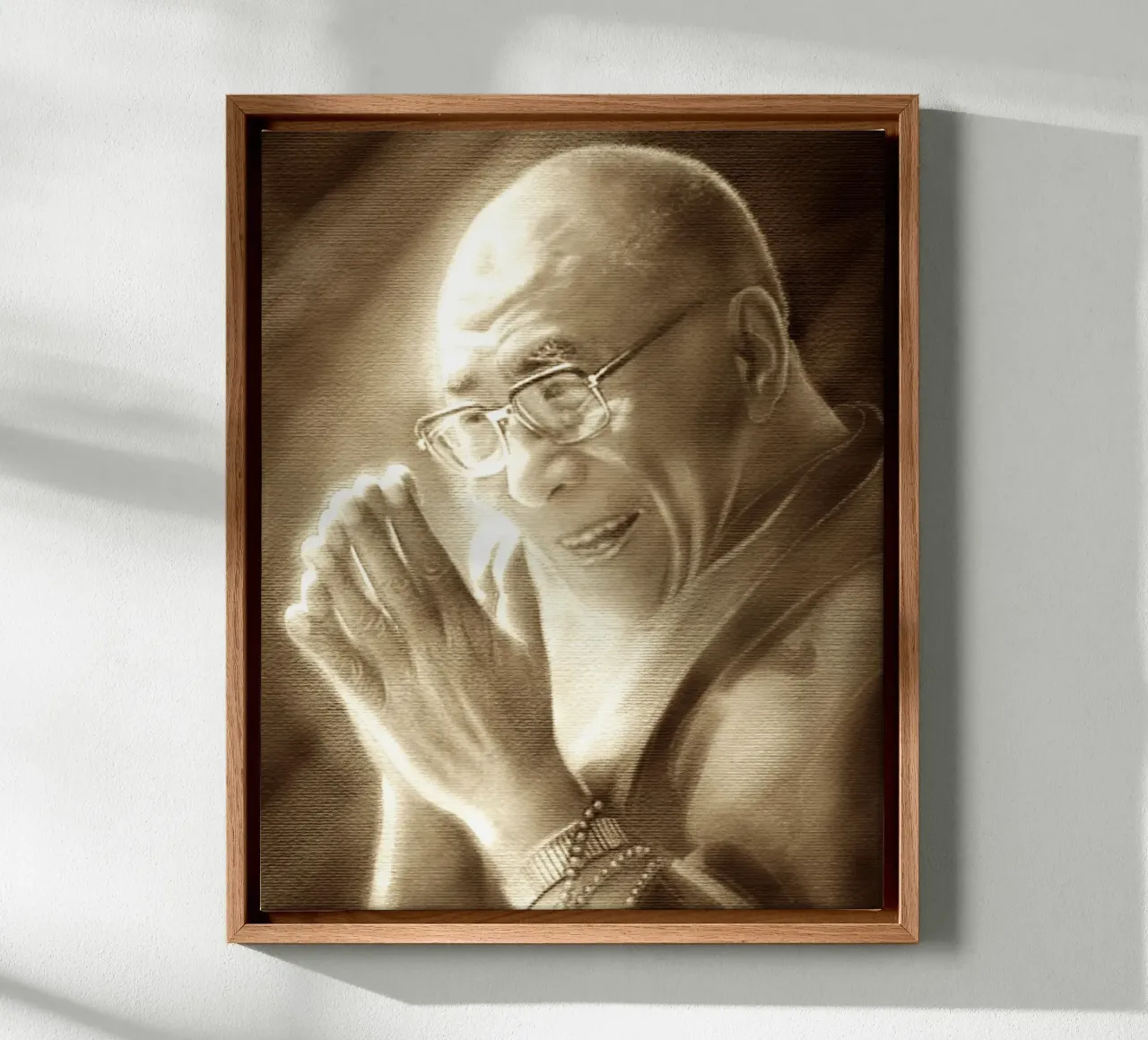 HH Dalai Lama, praying for the world canvas with Floater frame by Happy 😃 Art 🎨 by Christine Schnoell