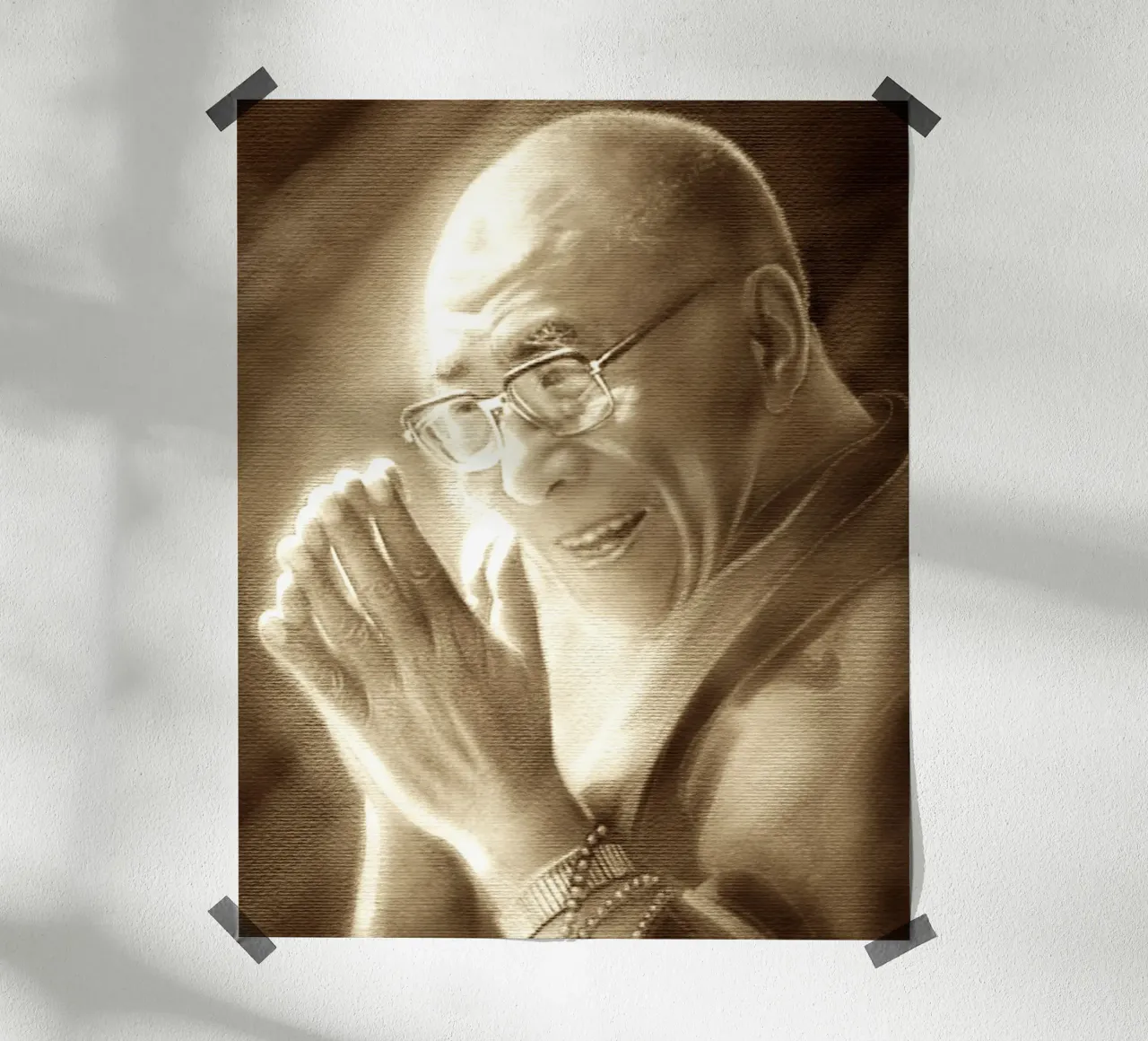 HH Dalai Lama, in preghiera per il mondo poster con telaio in alluminio da Happy 😃 Art 🎨 by Christine Schnoell