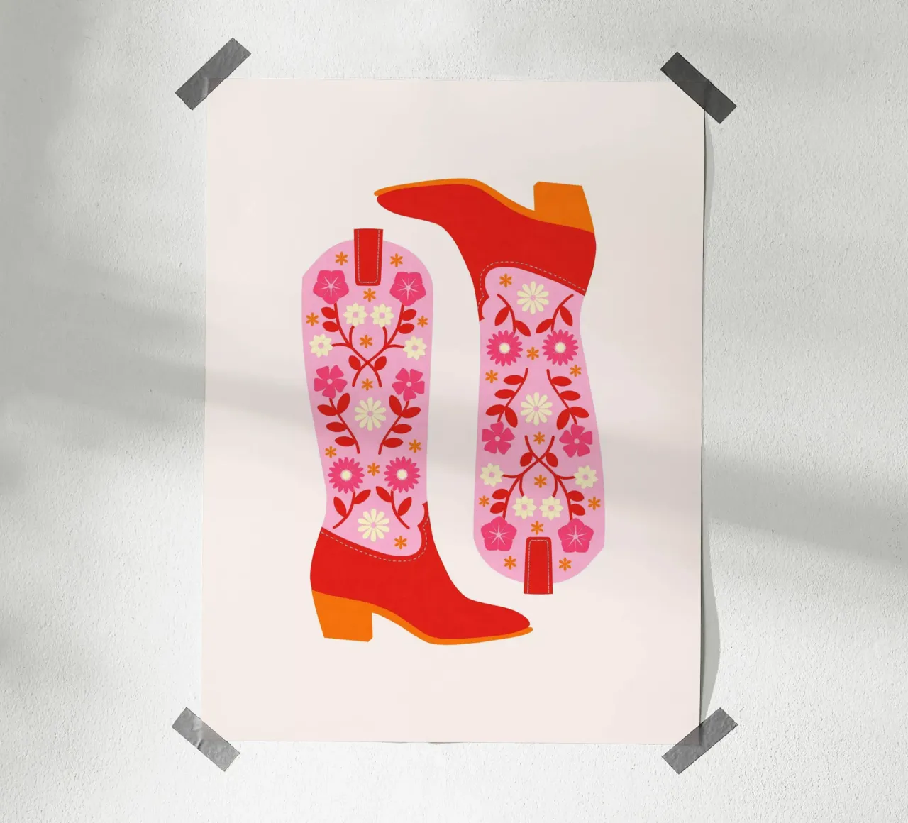 Bonitas Botas Vaqueras - Rojo Rosa poster con marco de madera de Asha Designs