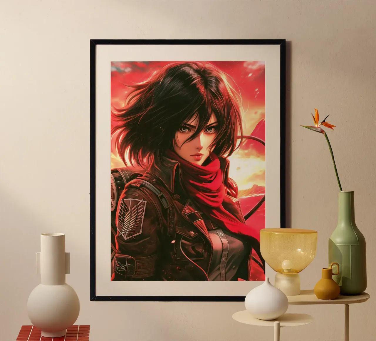 Mikasa Ackerman Attacco su Titano poster con telaio in legno da Voxel Visionaries