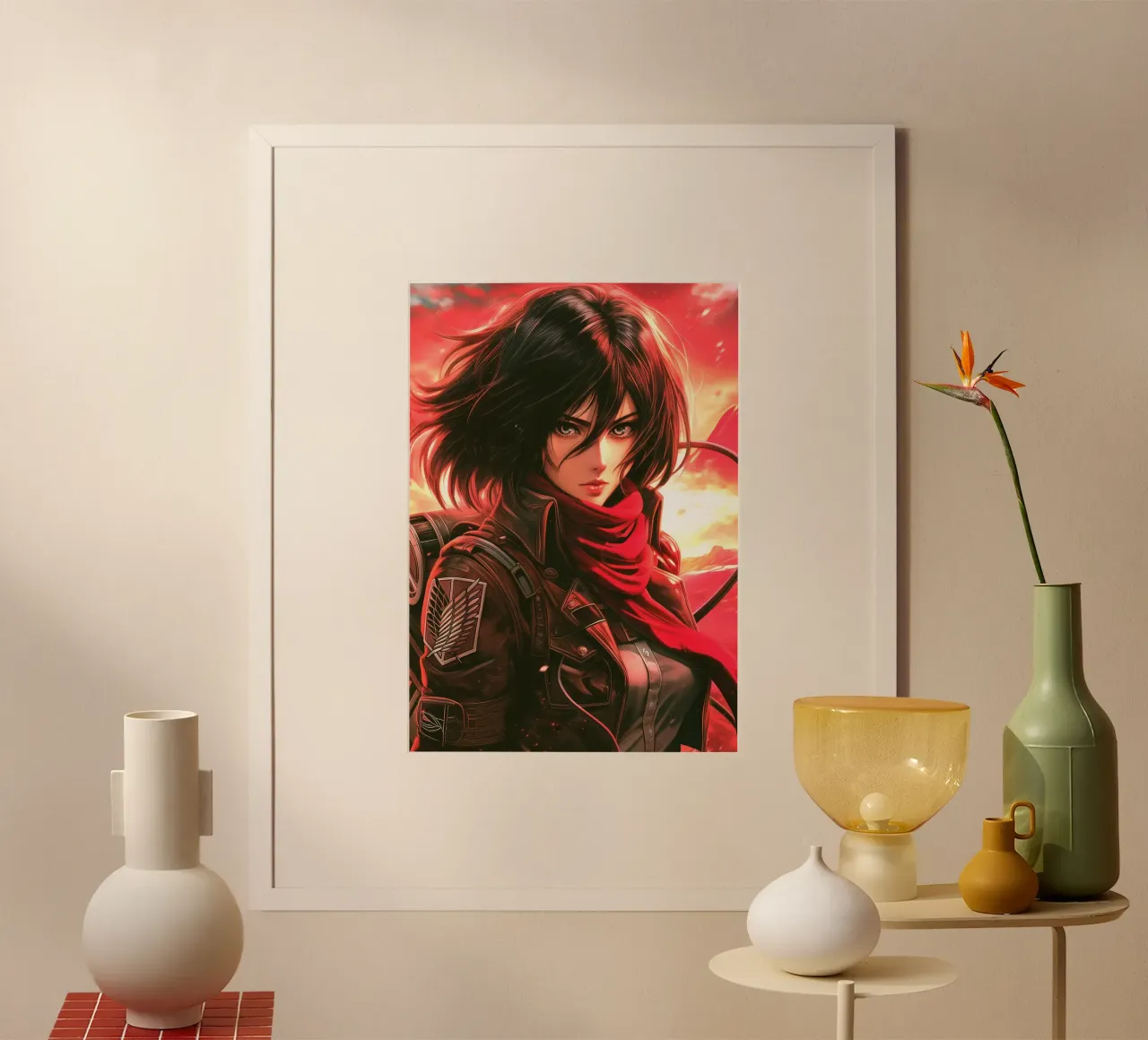 Mikasa Ackerman Attacco su Titano poster con telaio in legno da Voxel Visionaries