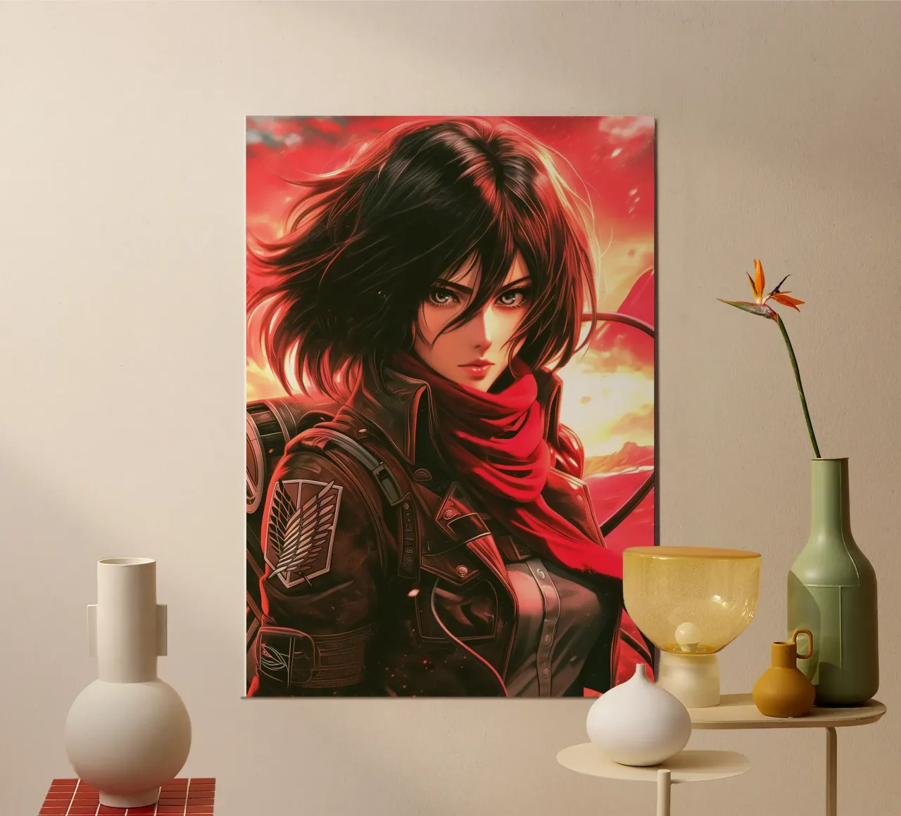 Mikasa Ackerman Attacco su Titano poster con telaio in legno da Voxel Visionaries