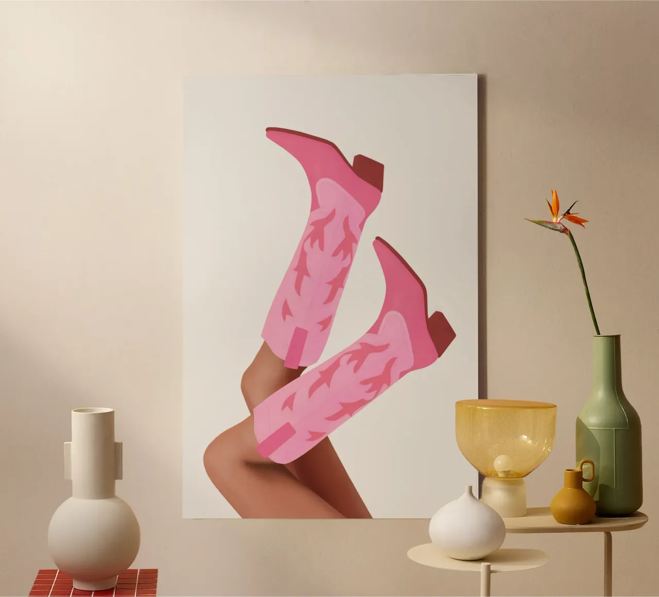 Rosa Cowgirl-Stiefel - Lets go Girls Leinwand mit Schattenfugenrahmen von Asha Designs