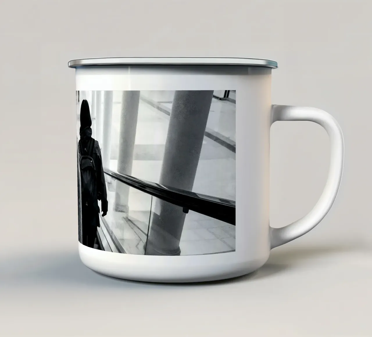 Llama on escalator: surreal experience in shopping centre enamel mug by KUNSTstück