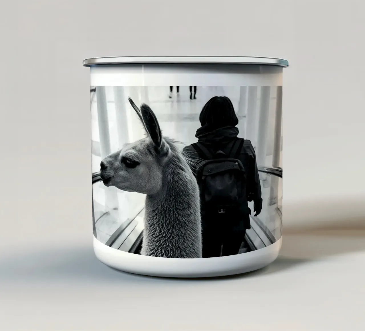 Llama on escalator: surreal experience in shopping centre enamel mug by KUNSTstück