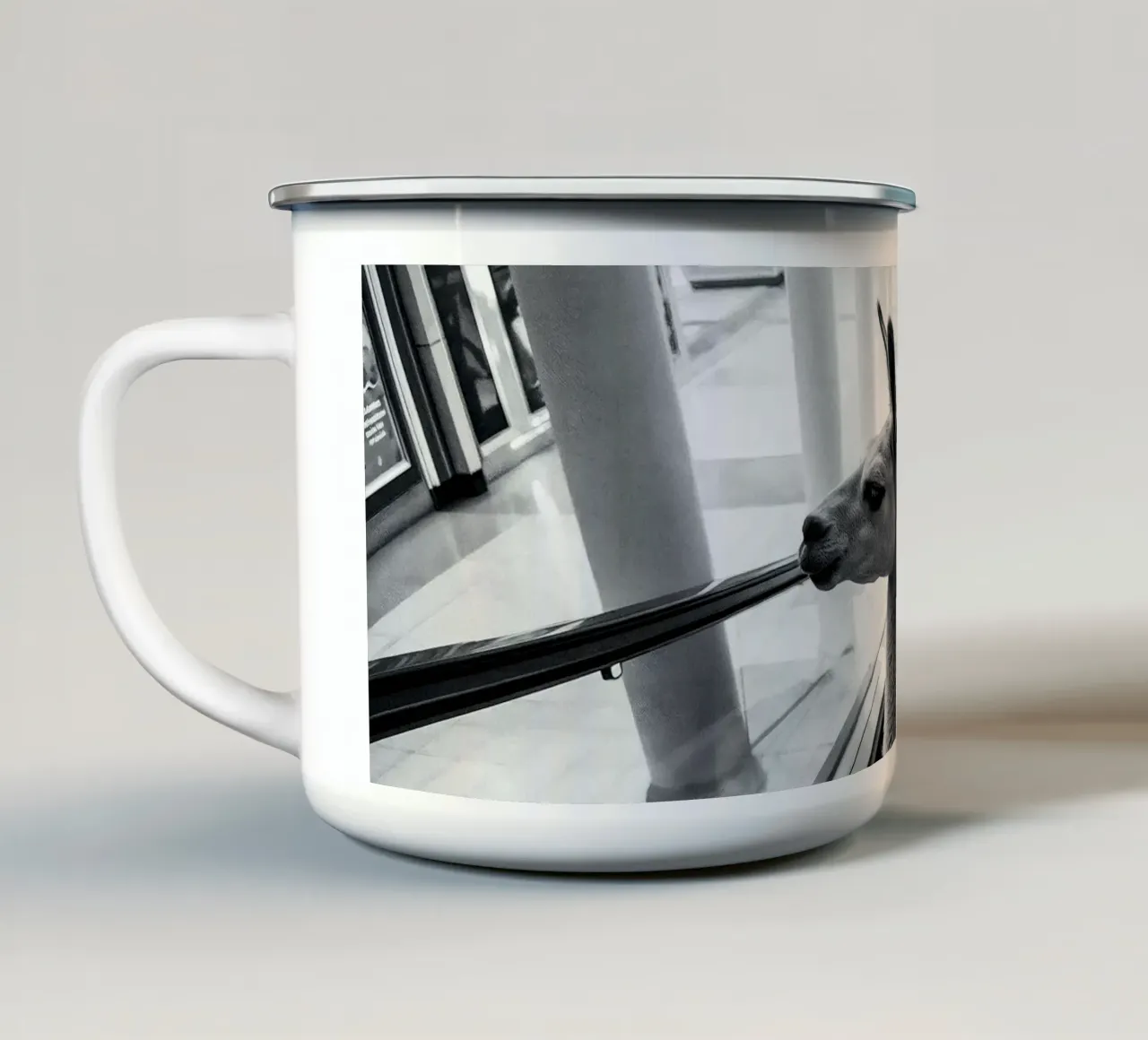 Llama on escalator: surreal experience in shopping centre enamel mug by KUNSTstück