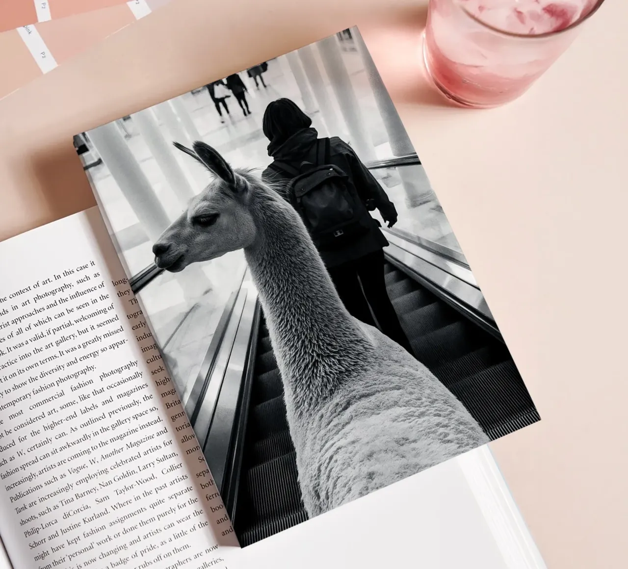 Llama on escalator: surreal experience in shopping centre notebook by KUNSTstück