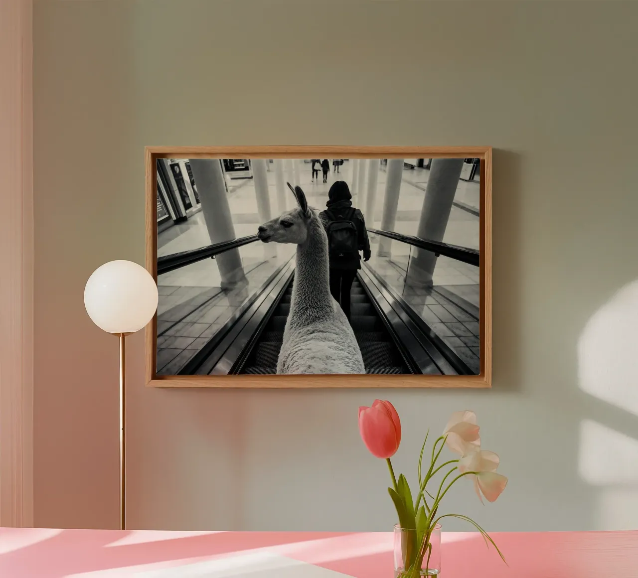 Llama on escalator: surreal experience in shopping centre canvas with Floater frame by KUNSTstück