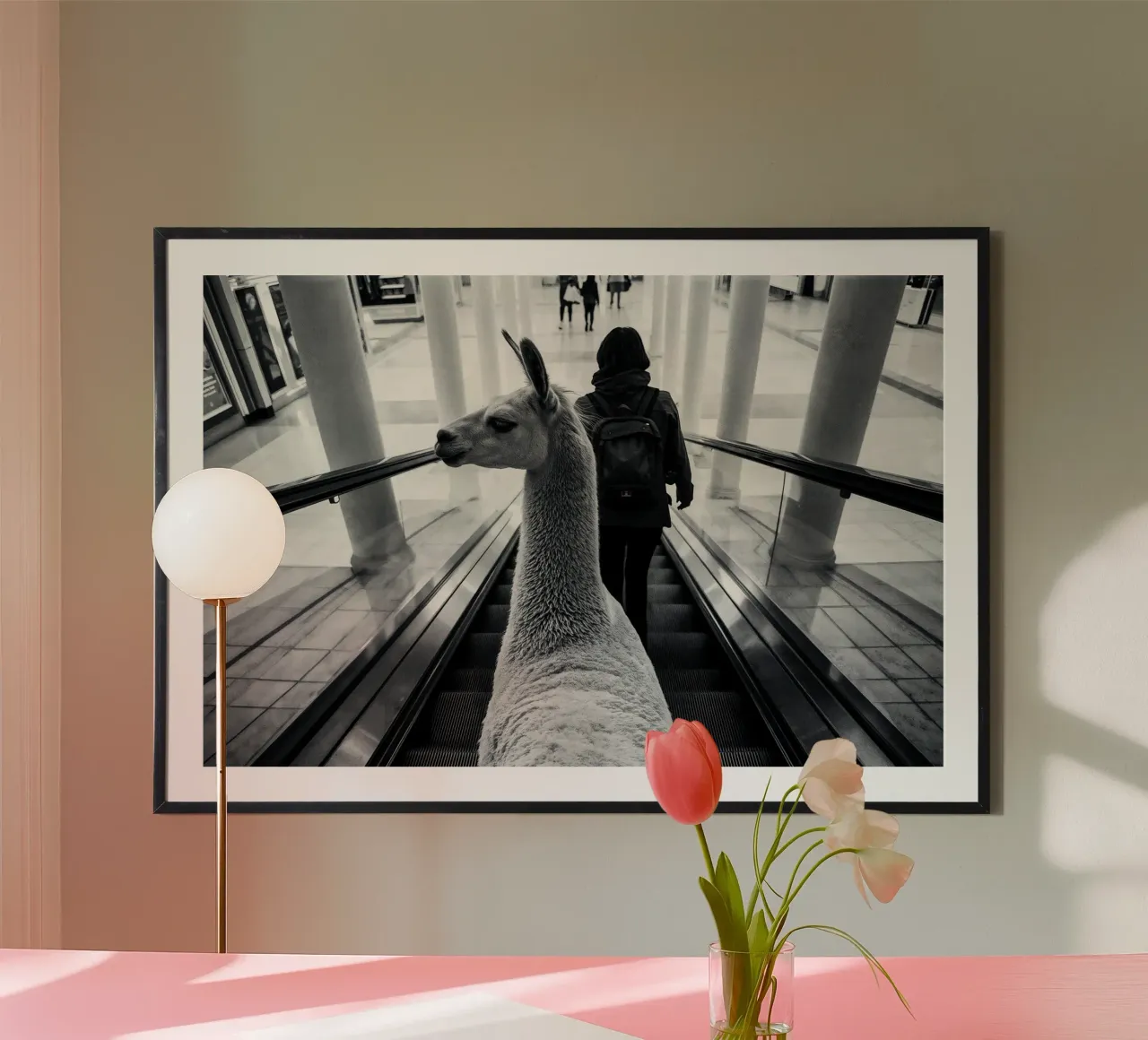 Llama on escalator: surreal experience in shopping centre poster with wooden frame by KUNSTstück