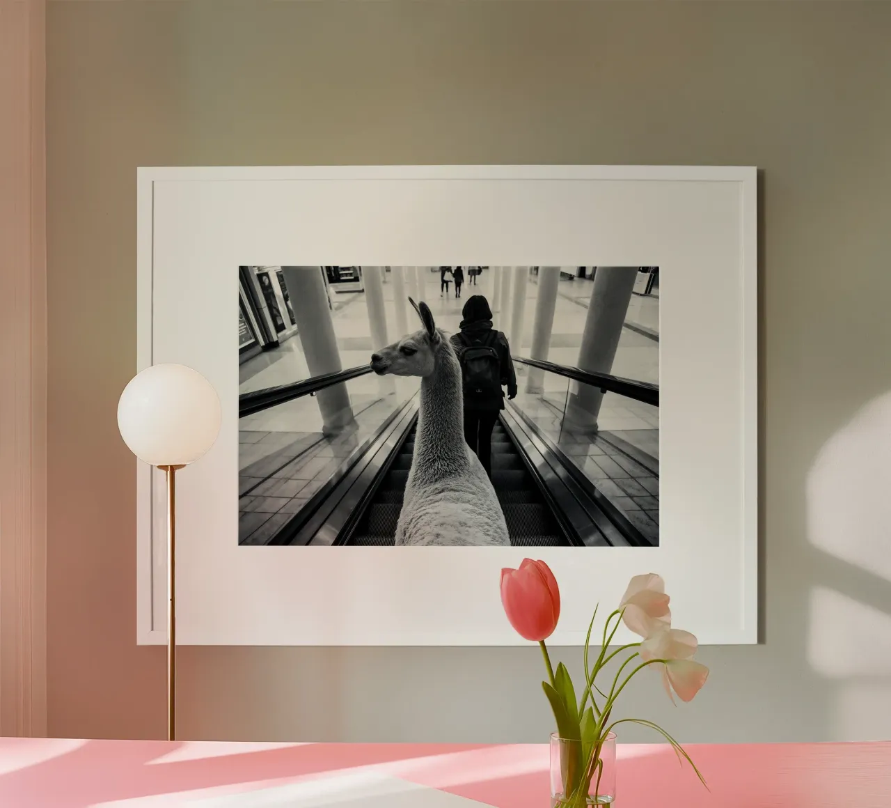 Llama on escalator: surreal experience in shopping centre poster with wooden frame by KUNSTstück