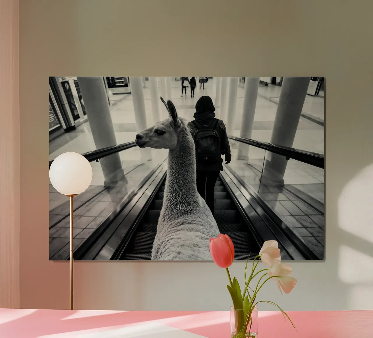 Llama on escalator: surreal experience in shopping centre poster with wooden frame by KUNSTstück