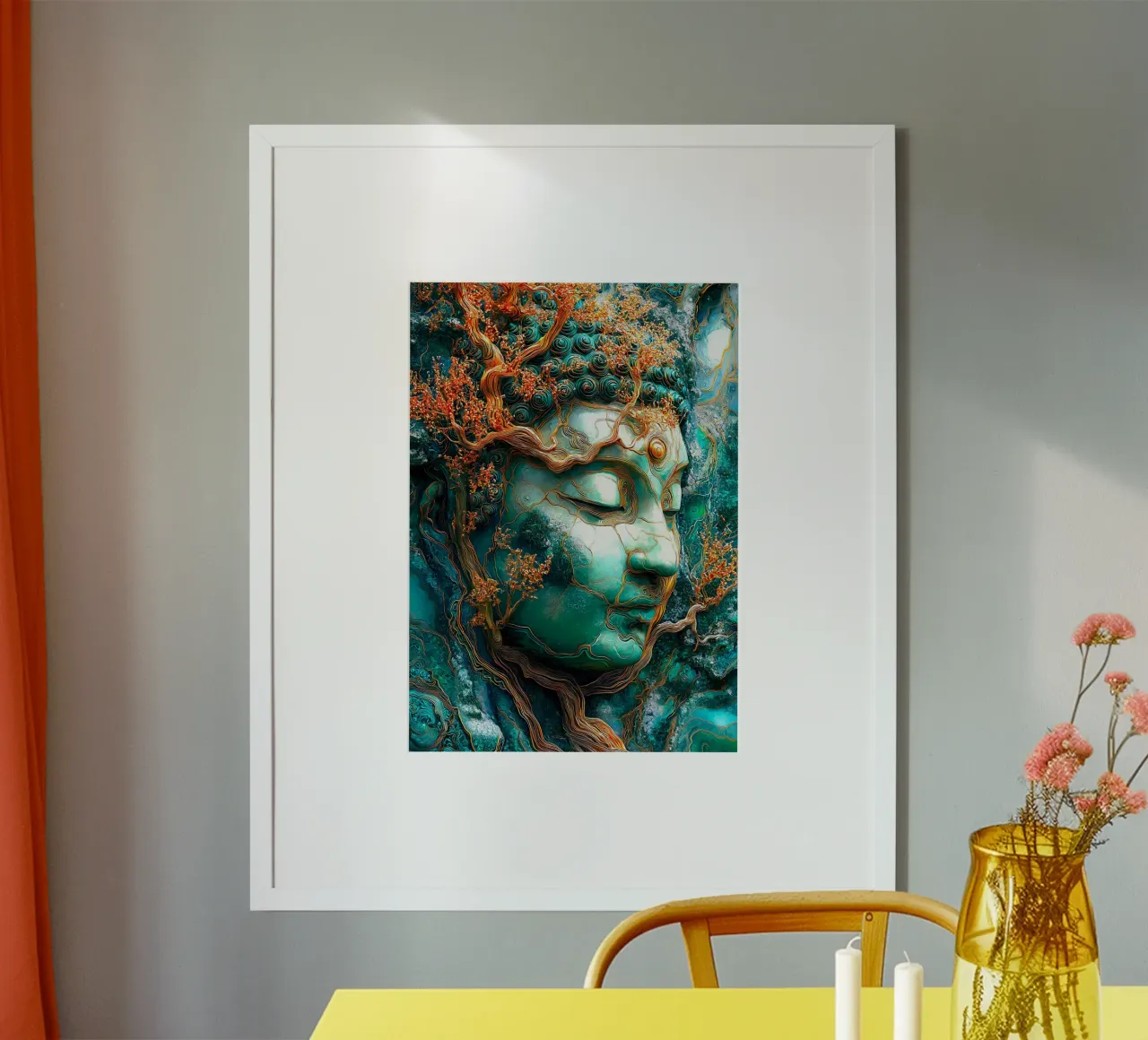 Buddha di smeraldo d'oro poster con telaio in legno da Fleur de Lys