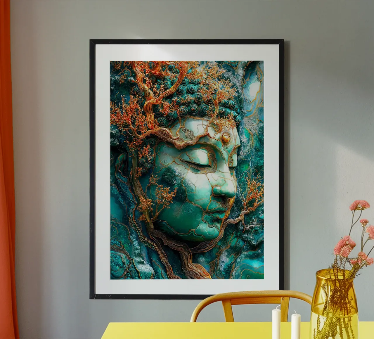 Buddha di smeraldo d'oro poster con telaio in legno da Fleur de Lys