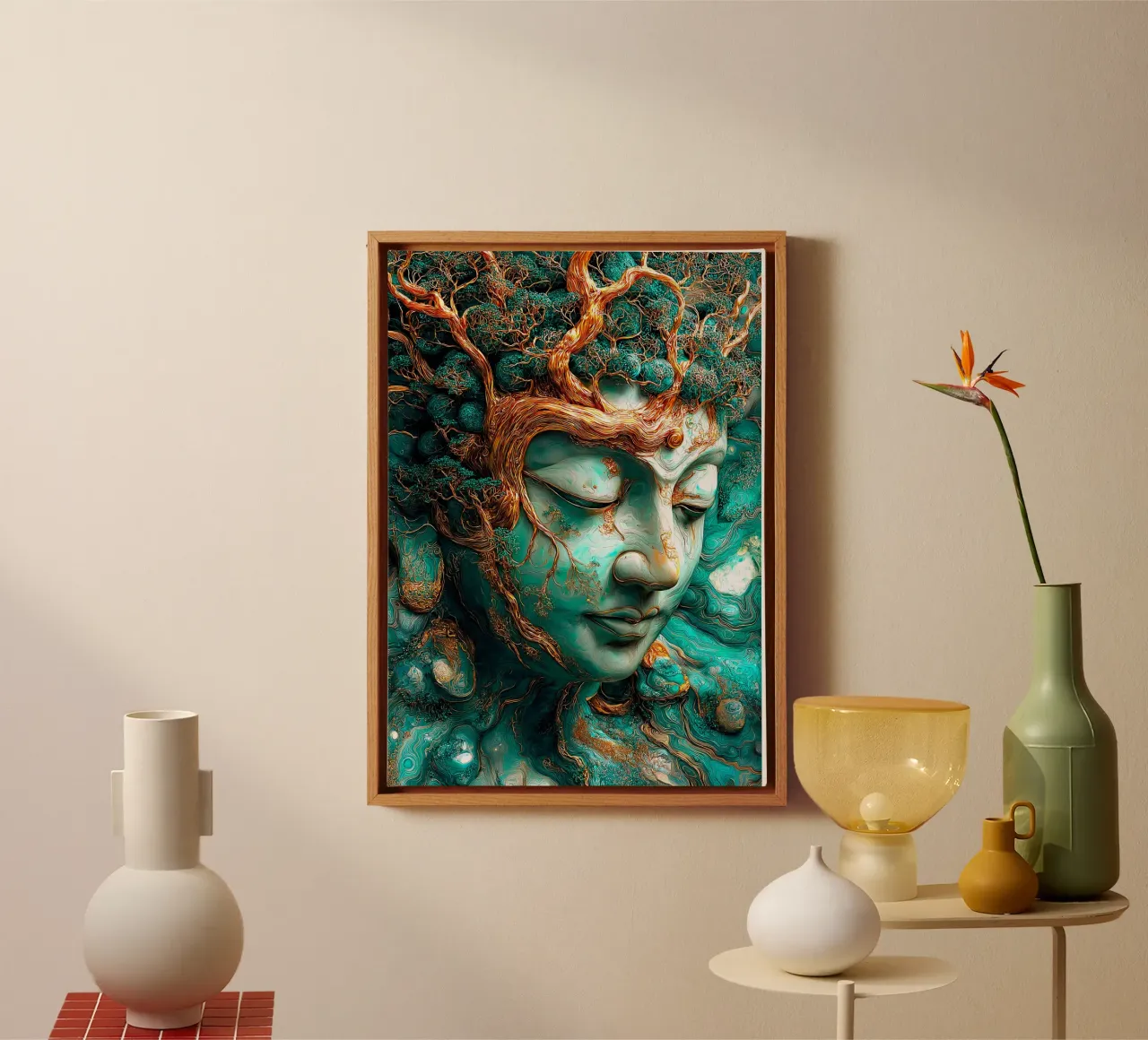 Goud Smaragd Boeddha canvas met Baklijst van Fleur de Lys