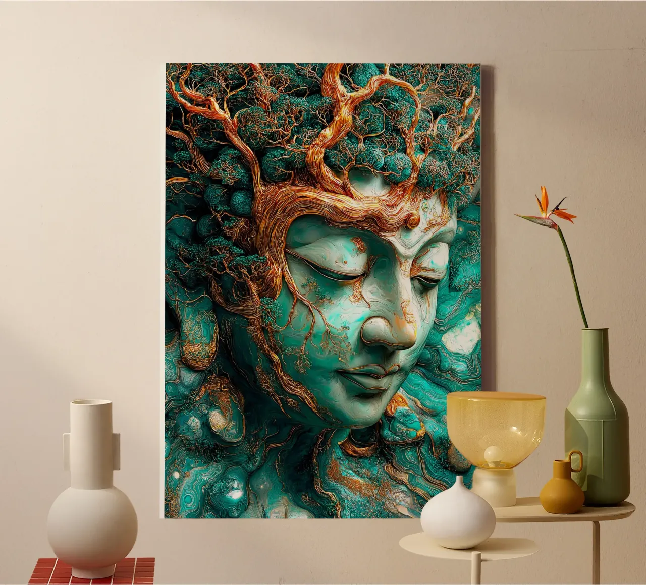 Goud Smaragd Boeddha canvas met Baklijst van Fleur de Lys