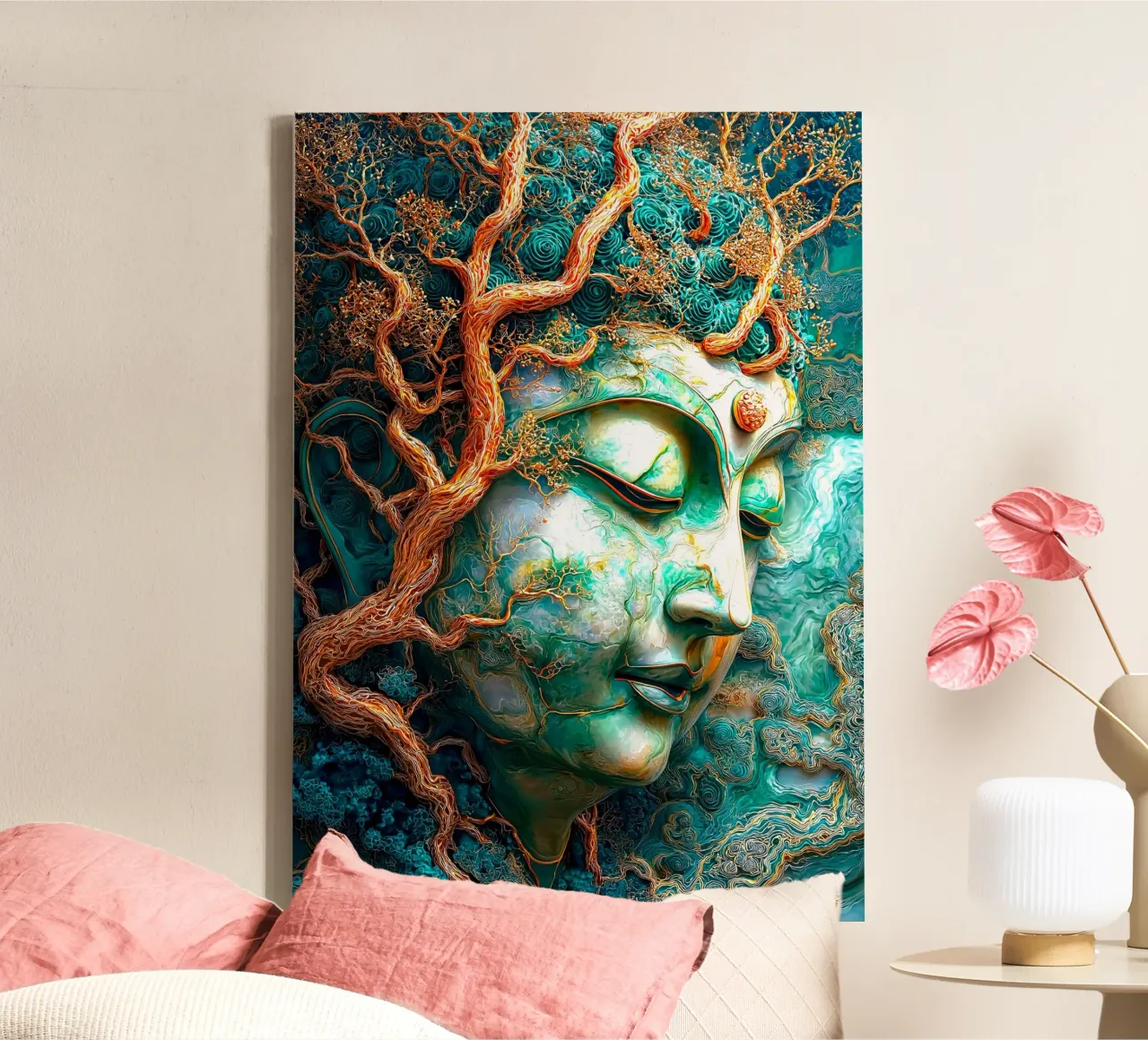 Goud Smaragd Boeddha canvas met Baklijst van Fleur de Lys