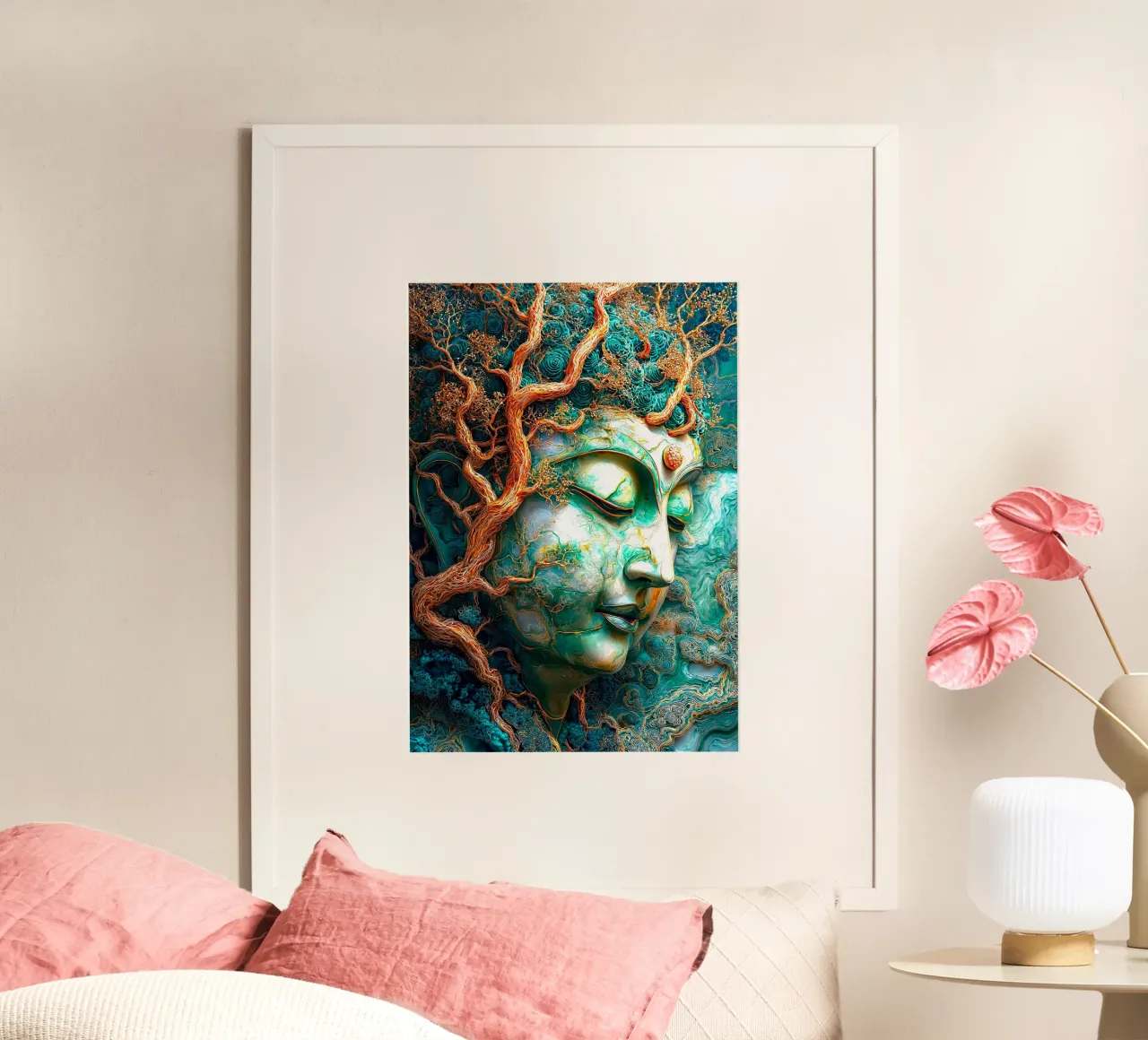 Buddha di smeraldo d'oro poster con telaio in plastica da Fleur de Lys