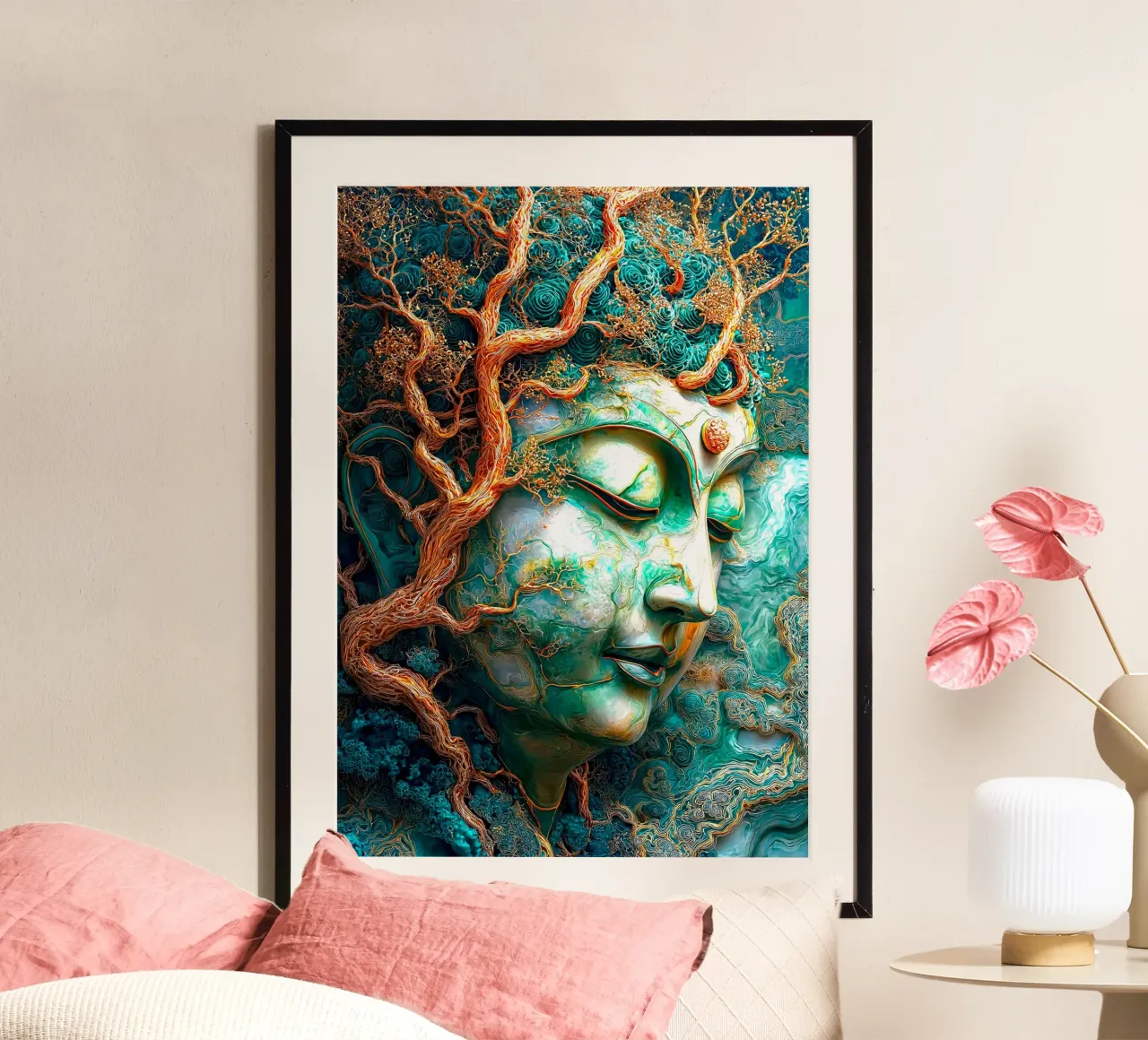 Buddha di smeraldo d'oro poster con telaio in plastica da Fleur de Lys