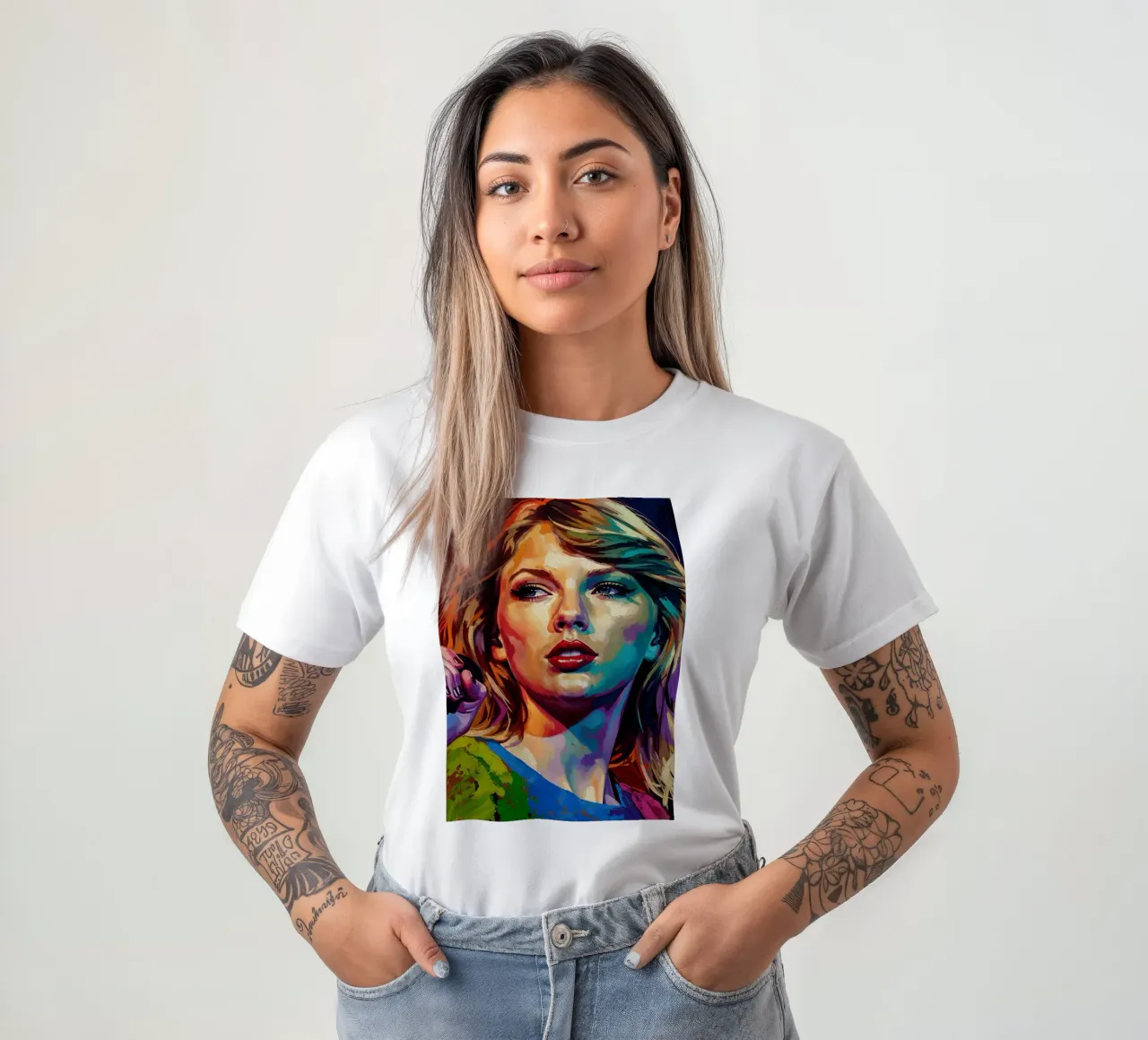 Ritratto pop art astratto e colorato di Taylor Swift t-shirt da Lembayung art