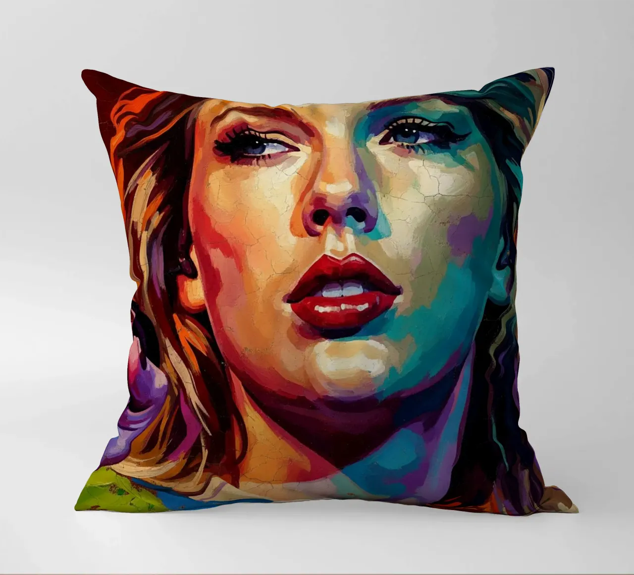 Ritratto pop art astratto e colorato di Taylor Swift cuscino da Lembayung art