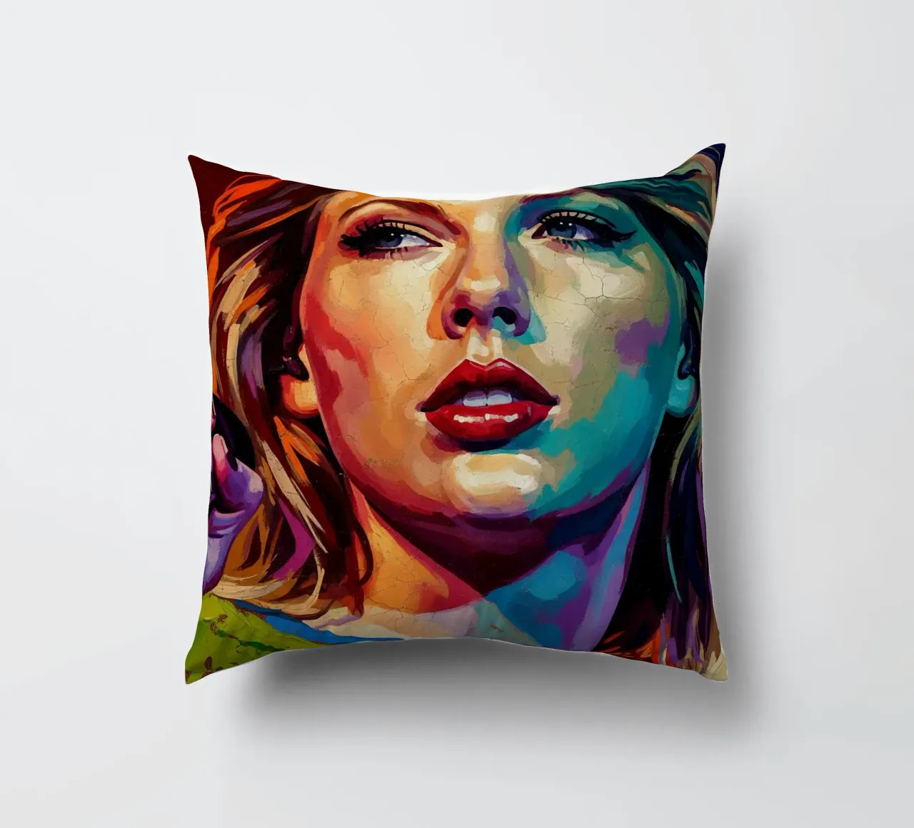 Ritratto pop art astratto e colorato di Taylor Swift cuscino da Lembayung art