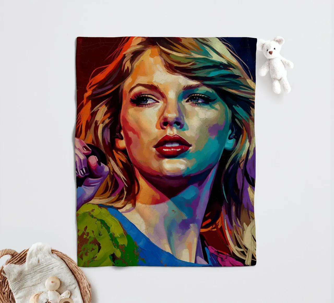Ritratto pop art astratto e colorato di Taylor Swift coperta in pile da Lembayung art