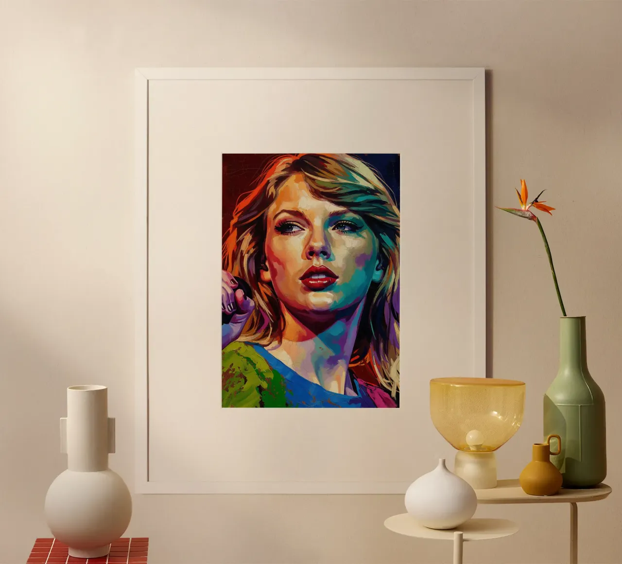 Ritratto pop art astratto e colorato di Taylor Swift poster con telaio in legno da Lembayung art