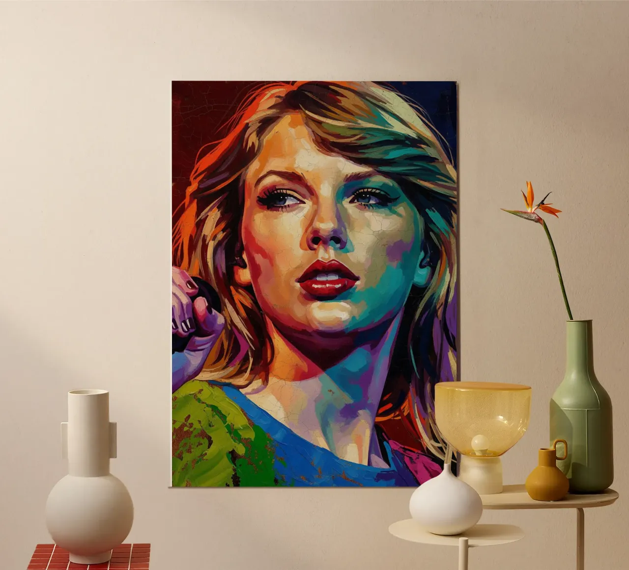 Ritratto pop art astratto e colorato di Taylor Swift poster con telaio in legno da Lembayung art
