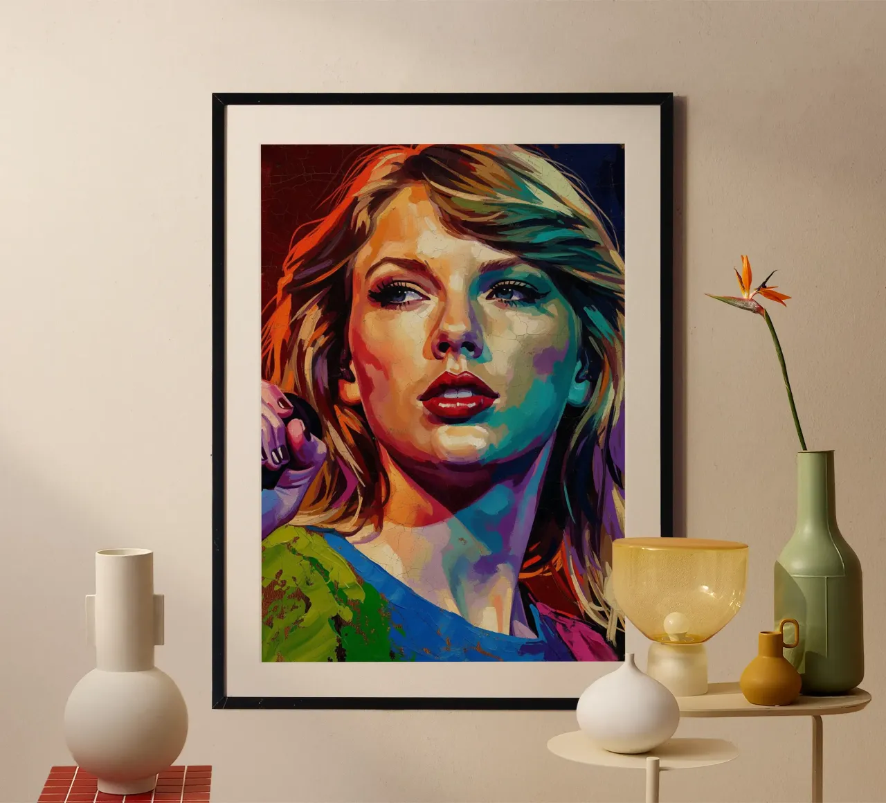 Ritratto pop art astratto e colorato di Taylor Swift poster con telaio in legno da Lembayung art