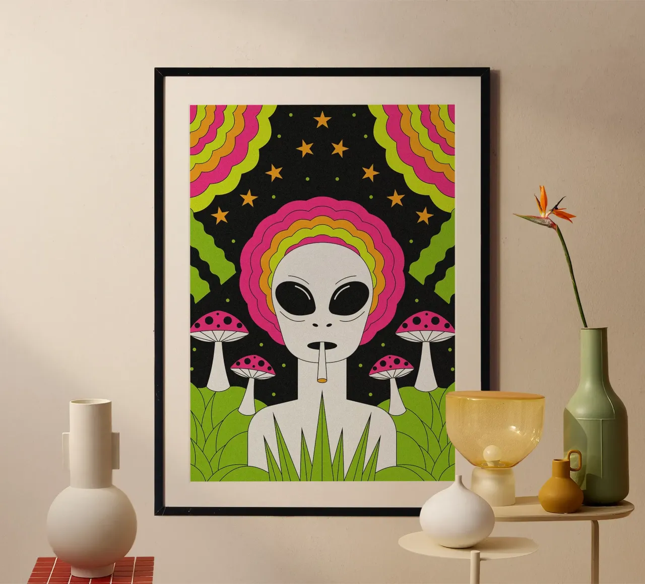 Arte psichedelica aliena poster con telaio in plastica da mesa