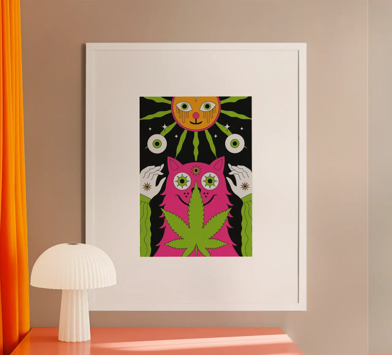 Gatto e sole psichedelici poster con telaio in legno da mesa