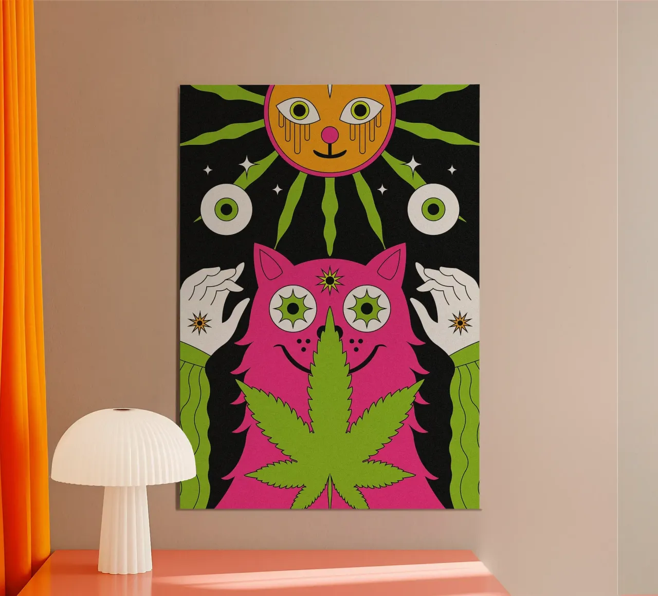 Gatto e sole psichedelici poster con telaio in legno da mesa