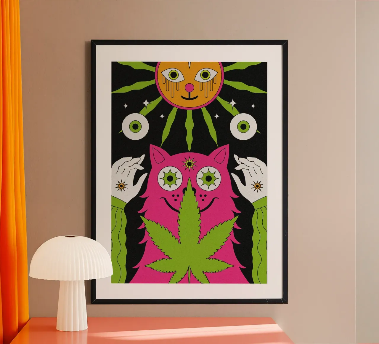 Gatto e sole psichedelici poster con telaio in legno da mesa