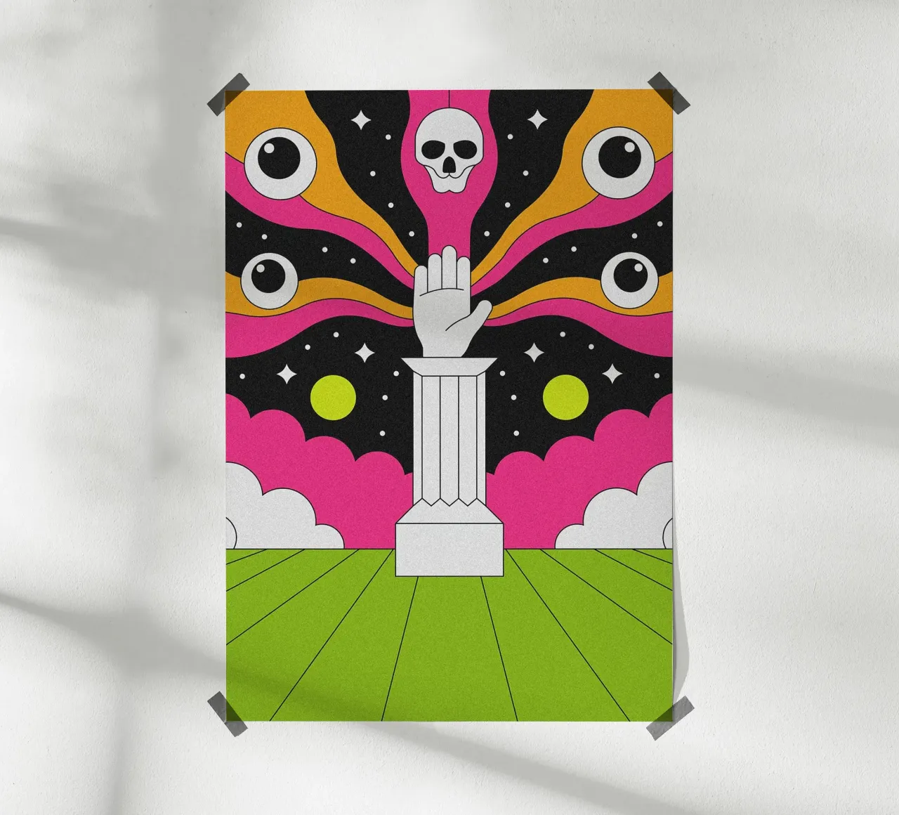 Mano psichedelica surreale su piedistallo poster da mesa