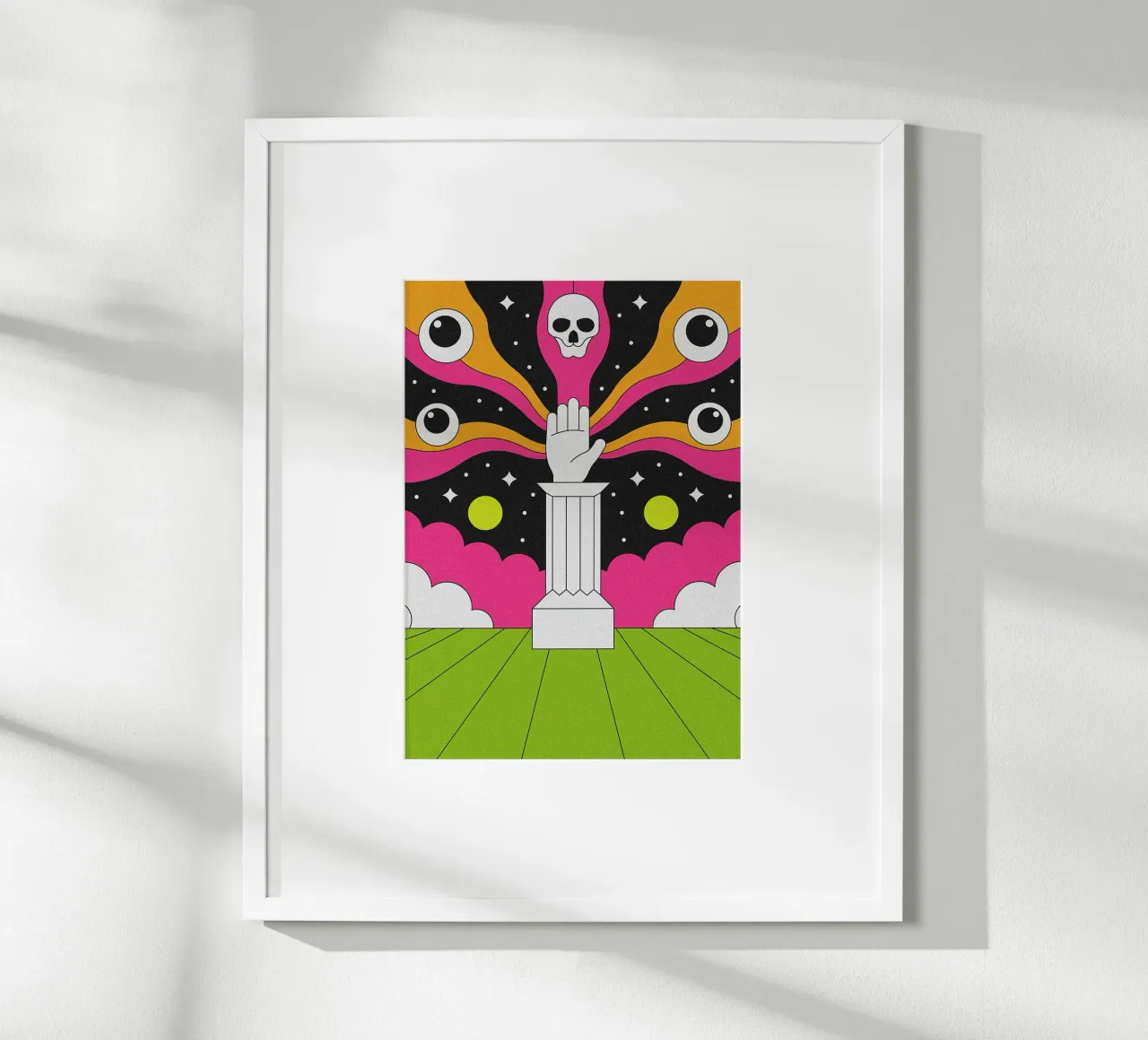 Mano psichedelica surreale su piedistallo poster da mesa