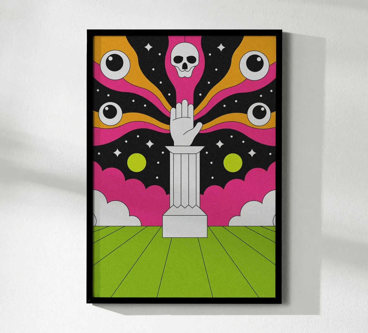Mano psichedelica surreale su piedistallo poster da mesa