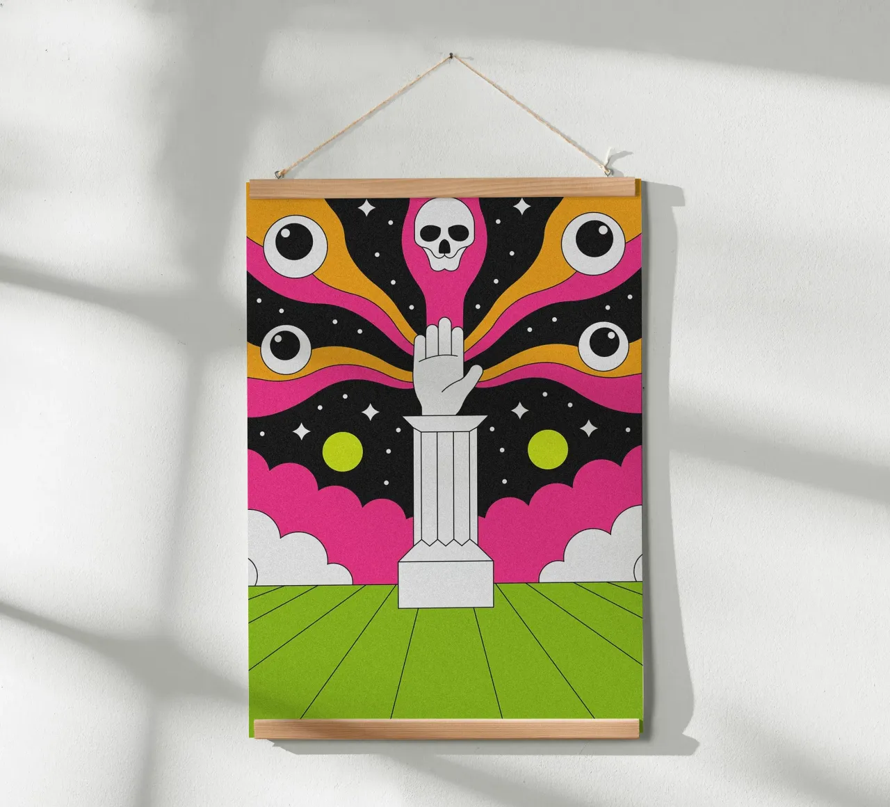 Mano psichedelica surreale su piedistallo poster da mesa