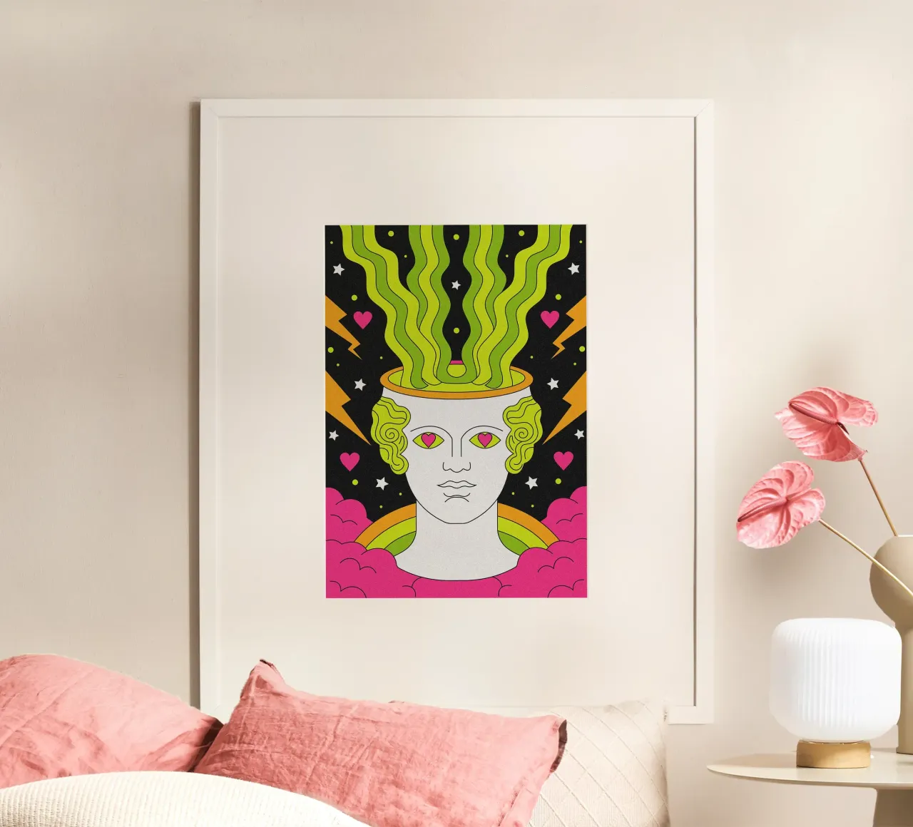 Busto greco psichedelico poster con telaio in plastica da mesa