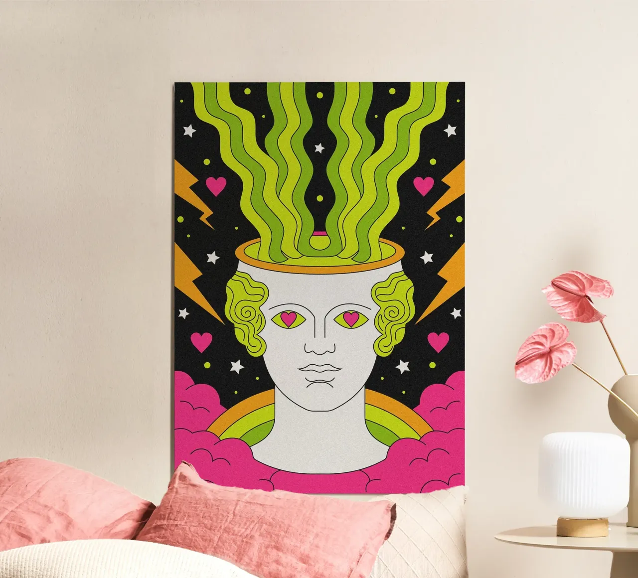 Busto greco psichedelico poster con telaio in plastica da mesa