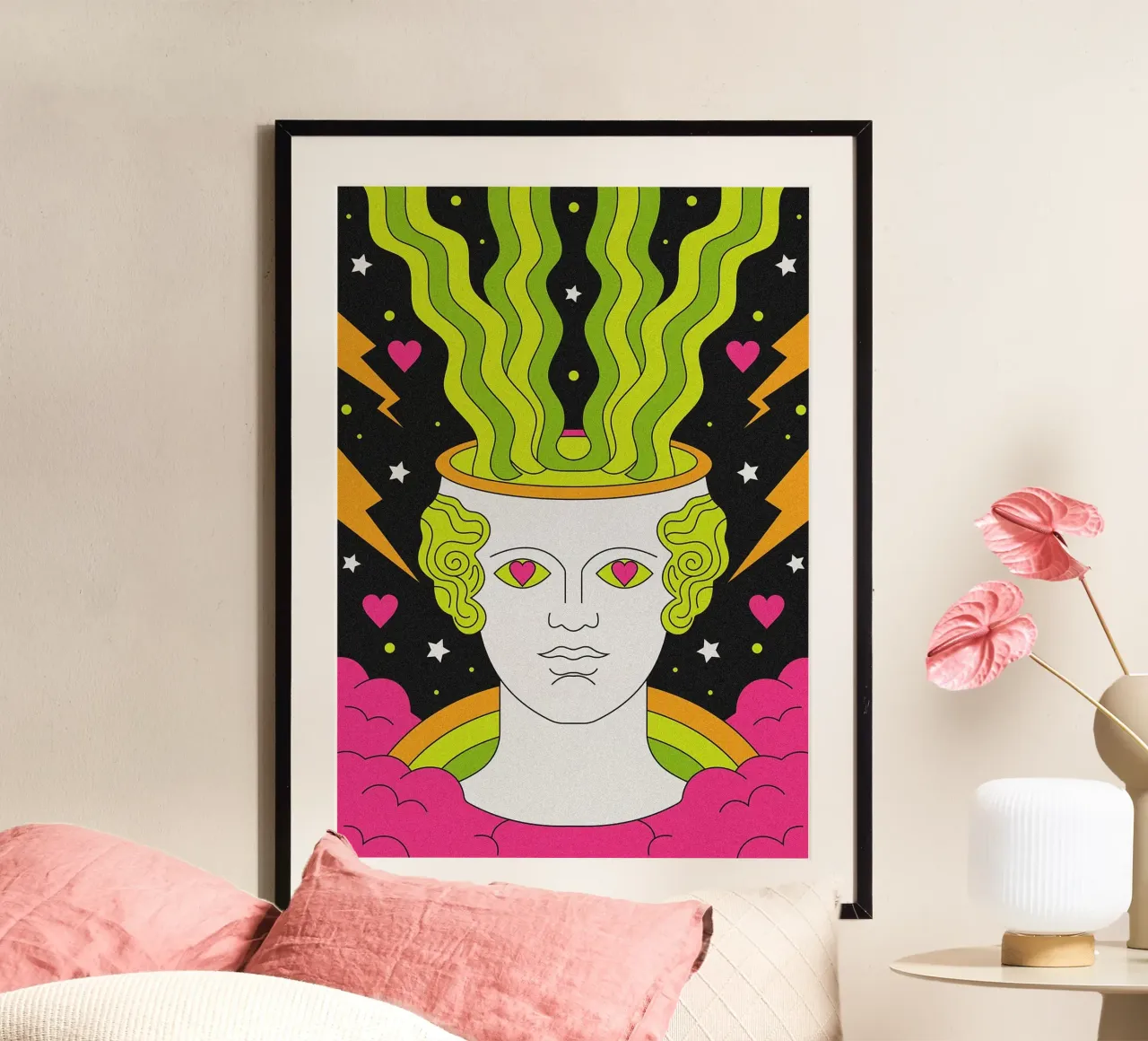 Busto greco psichedelico poster con telaio in plastica da mesa