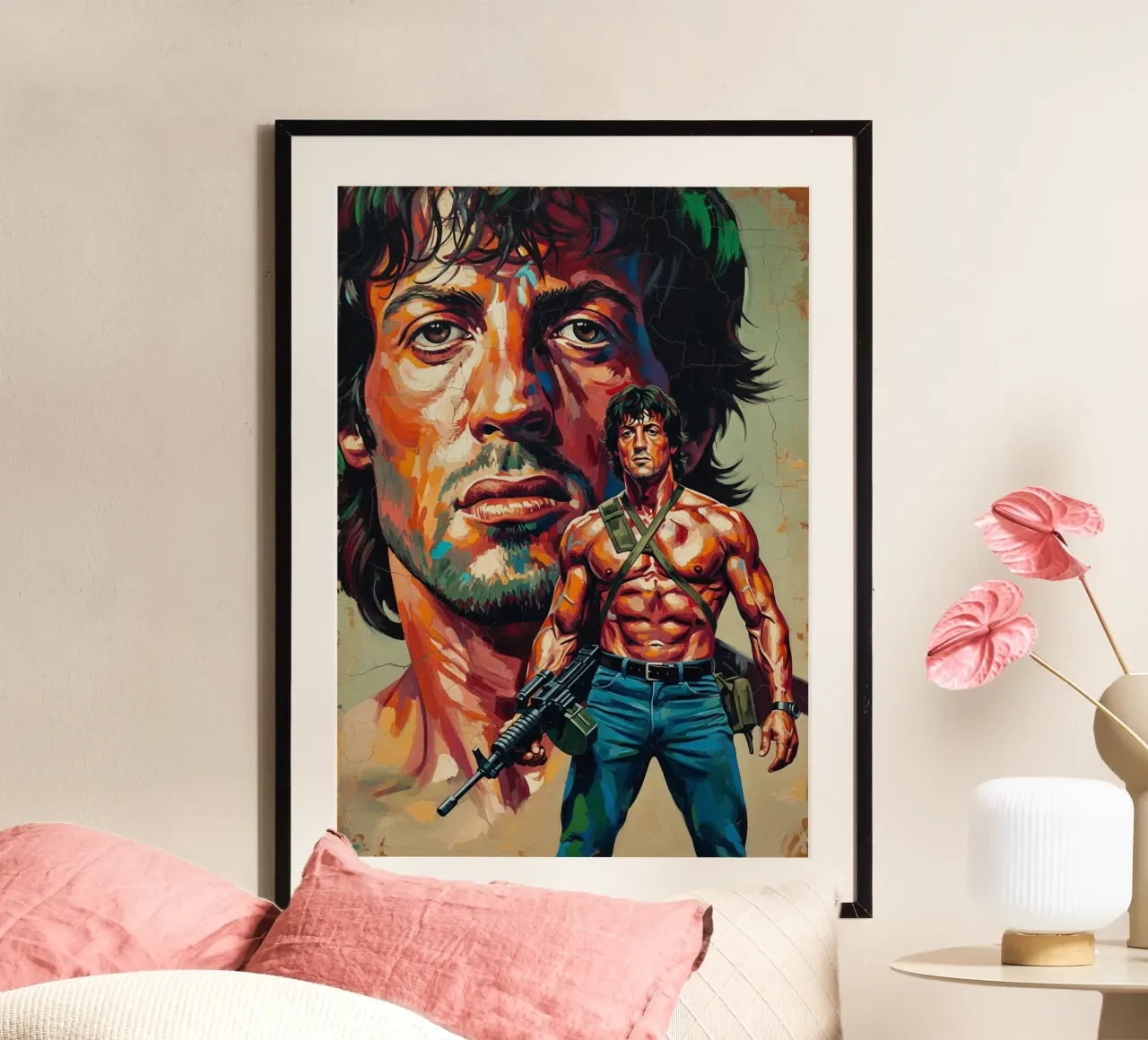 Sylvester Stallone - John Rambo abstract art poster with wooden frame by Lembayung art