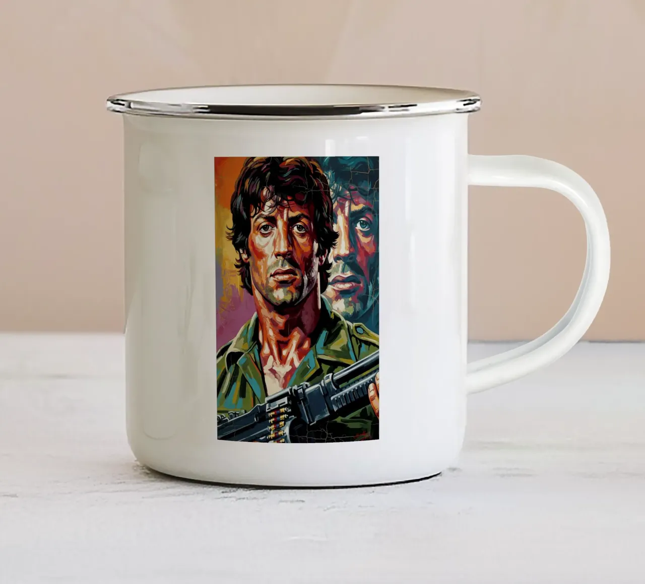 Sylvester Stallone nel ruolo di John Rambo tazza in smalto da Lembayung art