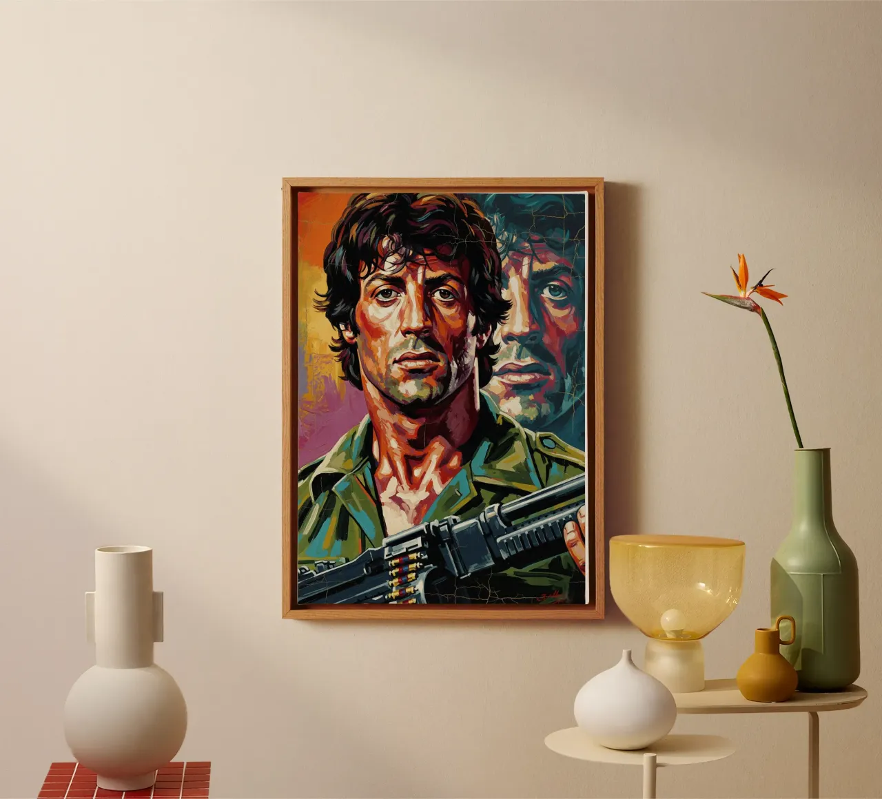 Sylvester Stallone como John Rambo lienzo con Marco flotante de Lembayung art