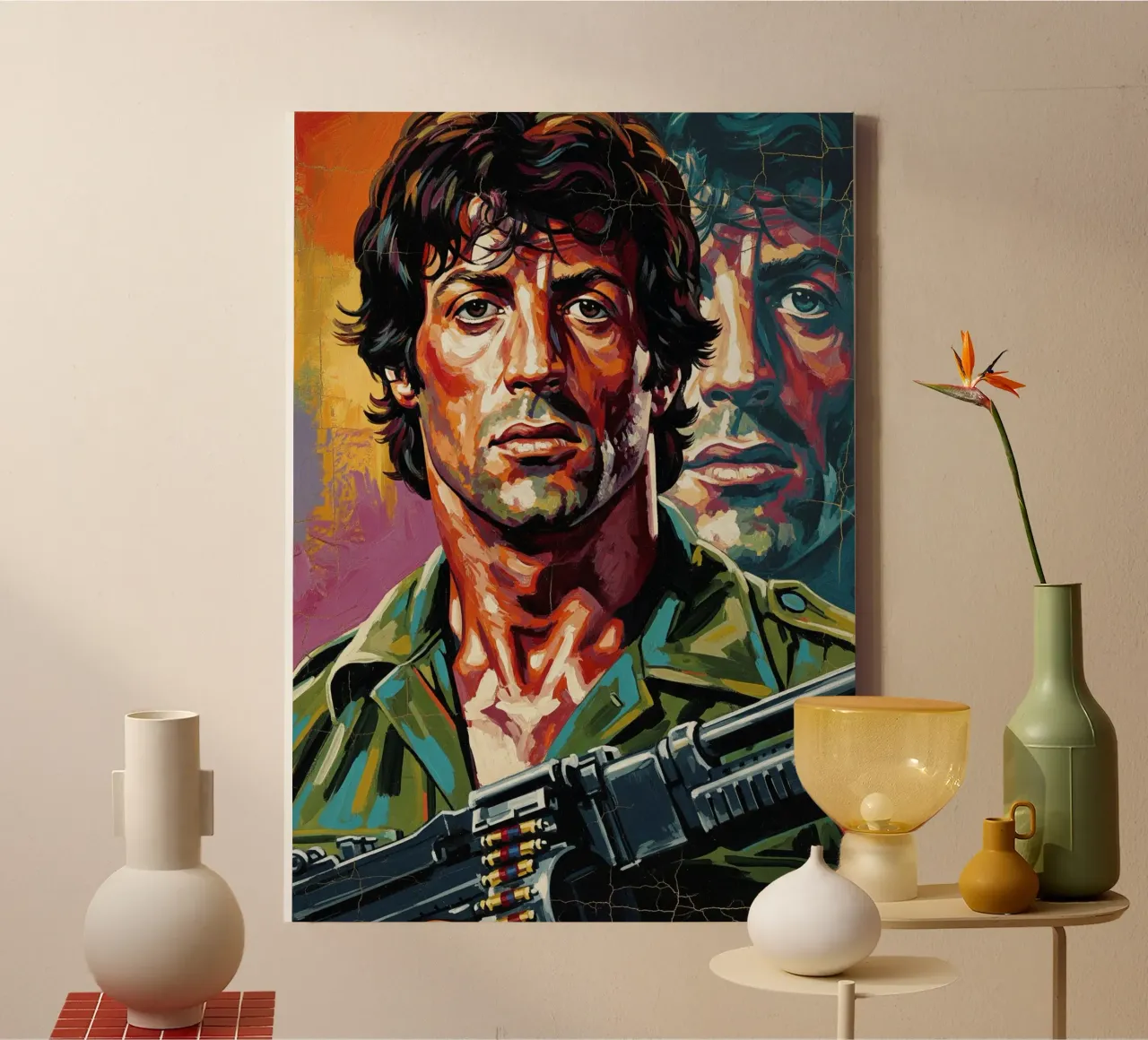 Sylvester Stallone como John Rambo lienzo con Marco flotante de Lembayung art