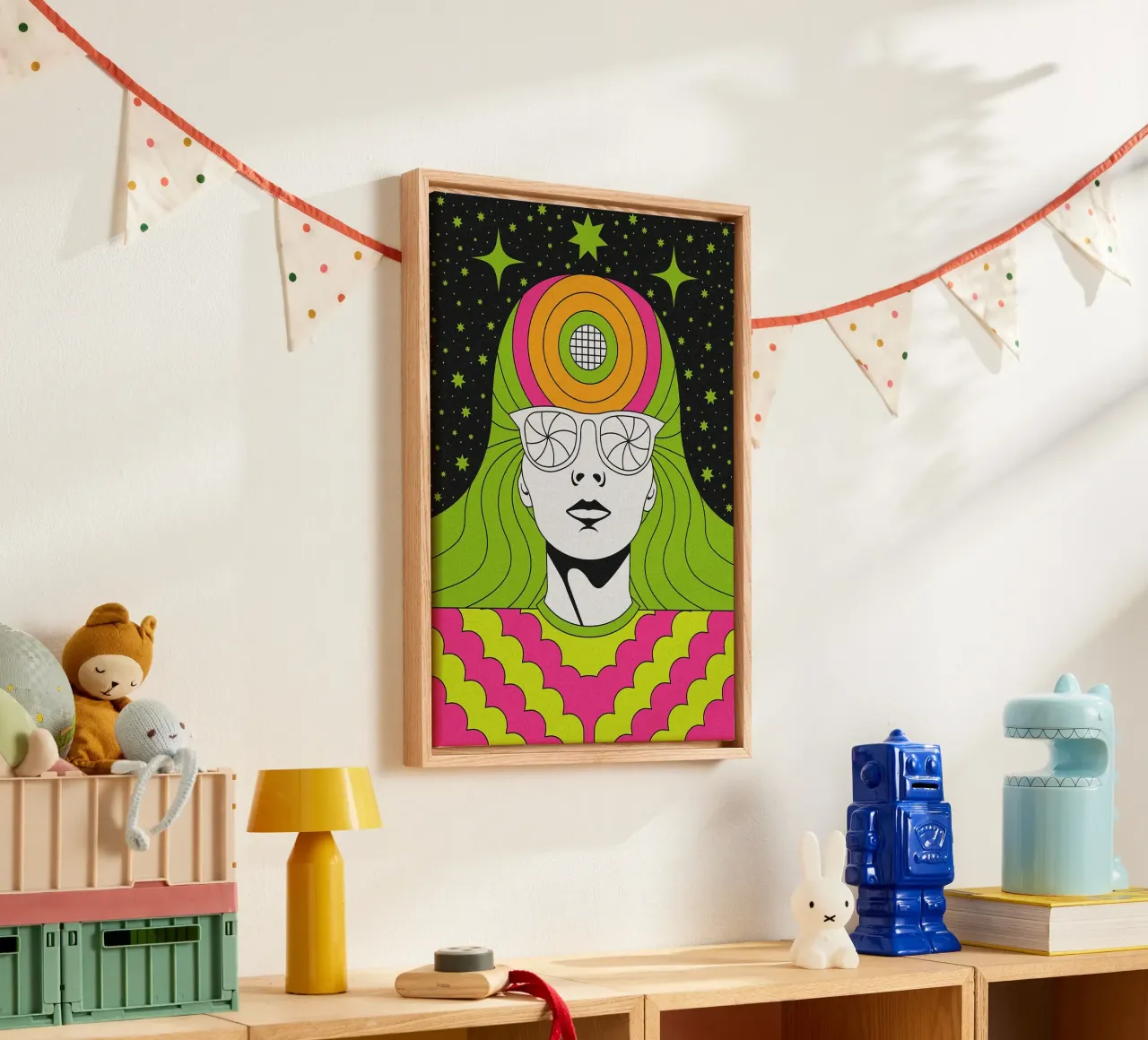 Retro Psychedelic Portrait canvas with Floater frame by mesa