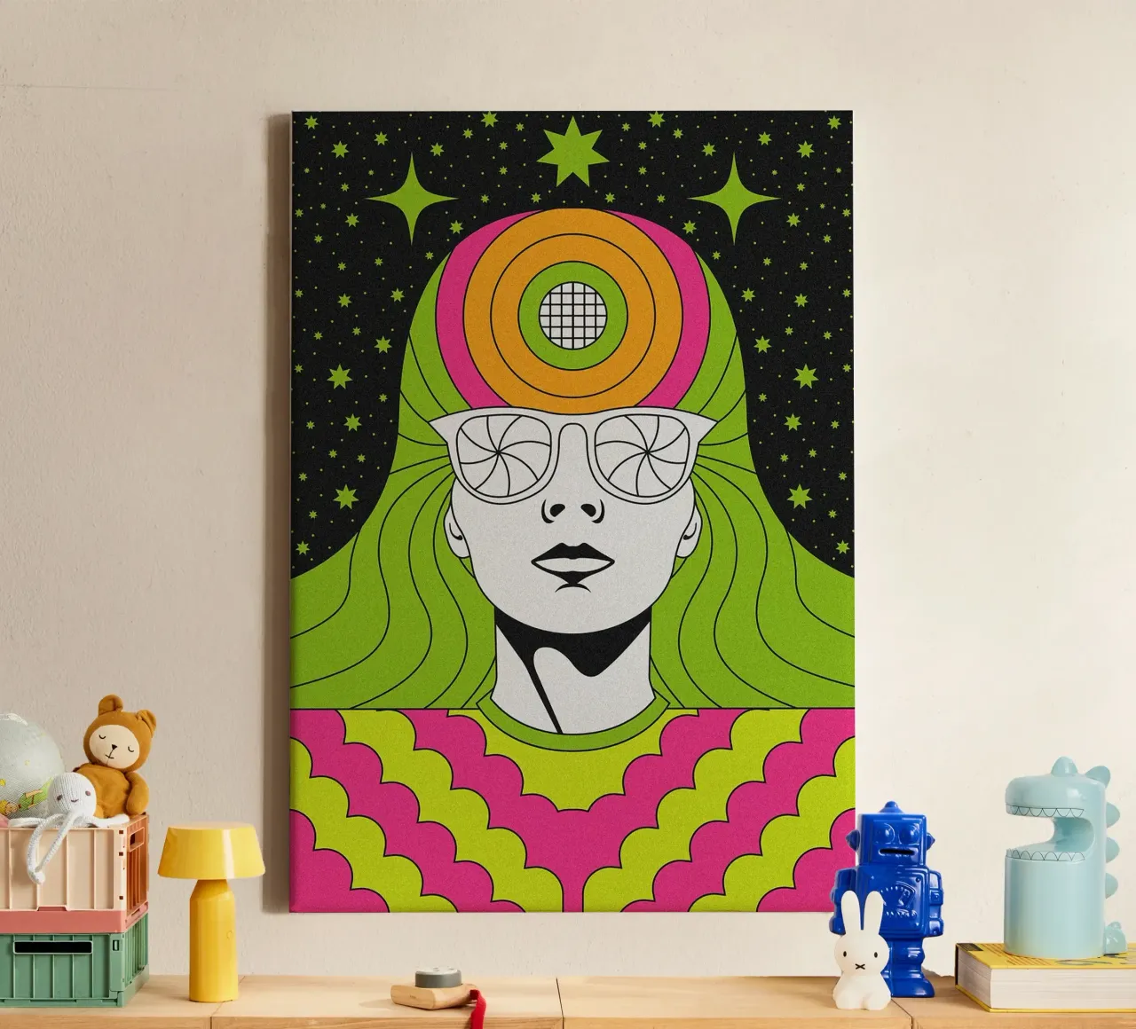 Retro Psychedelic Portrait canvas with Floater frame by mesa