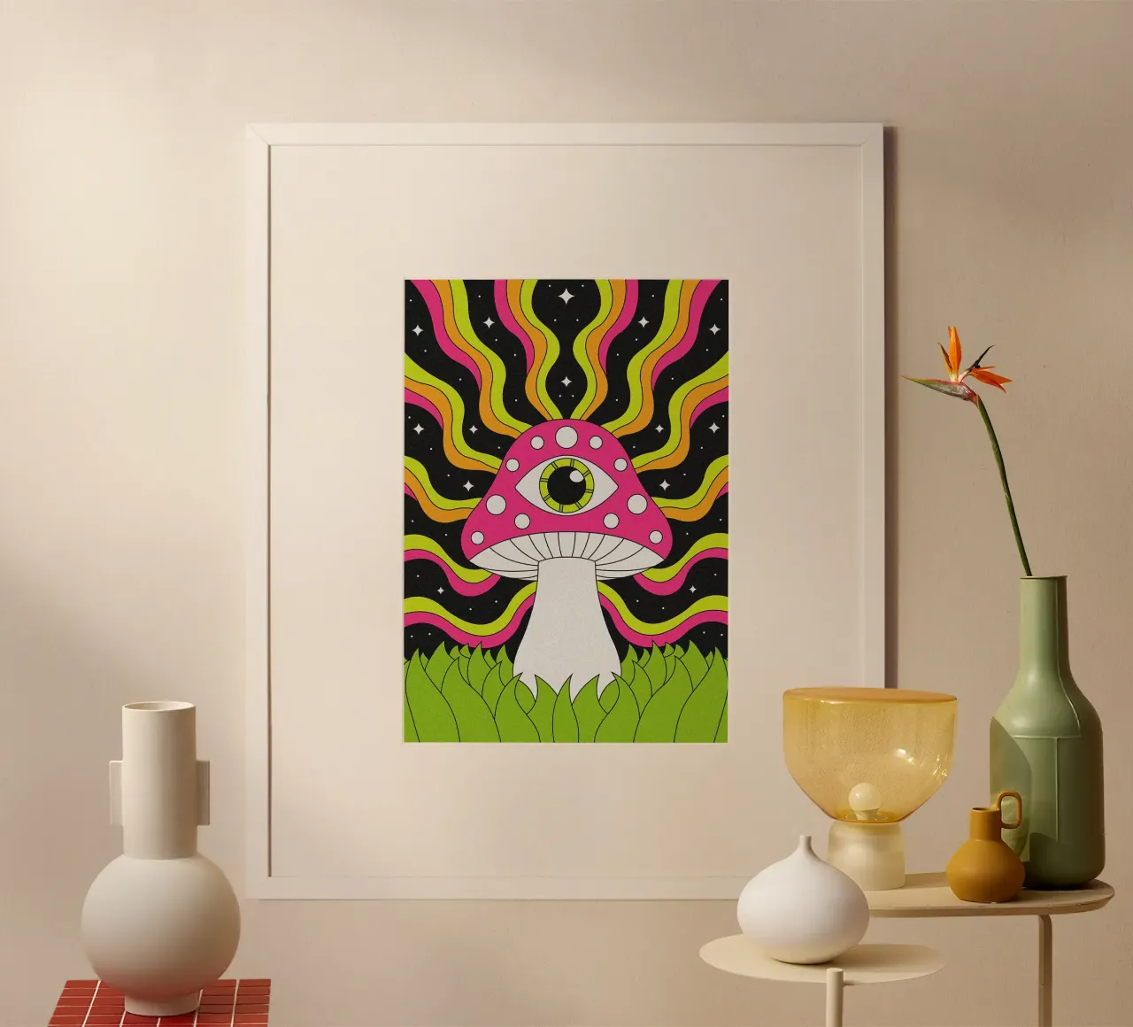 Arte psichedelica dei funghi poster con telaio in plastica da mesa