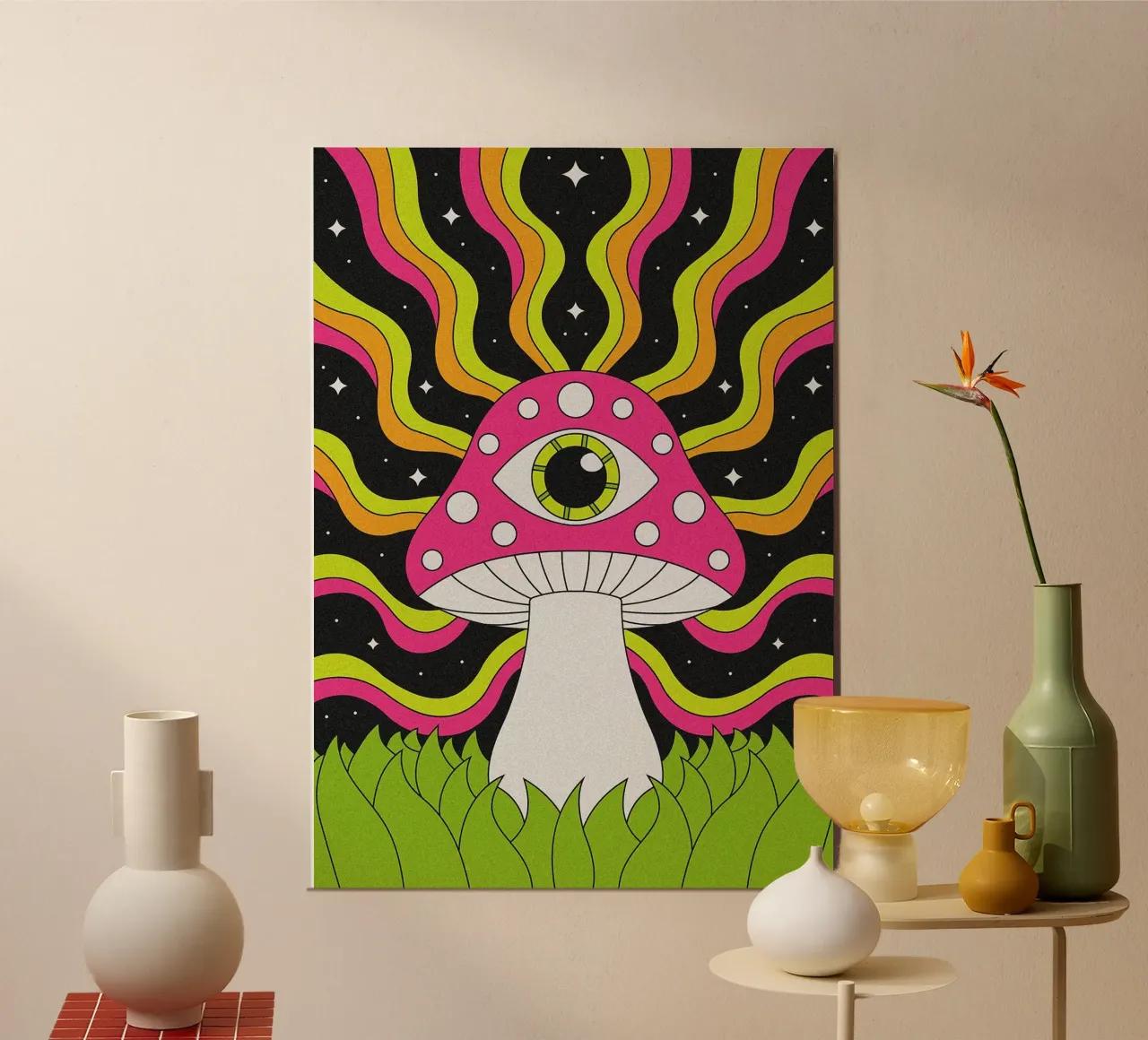 Arte psichedelica dei funghi poster con telaio in plastica da mesa
