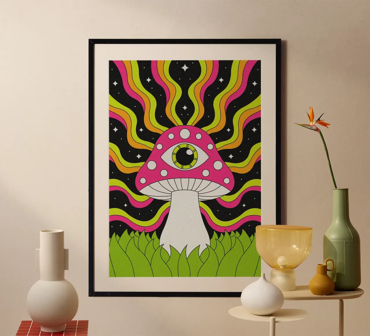 Arte psichedelica dei funghi poster con telaio in plastica da mesa