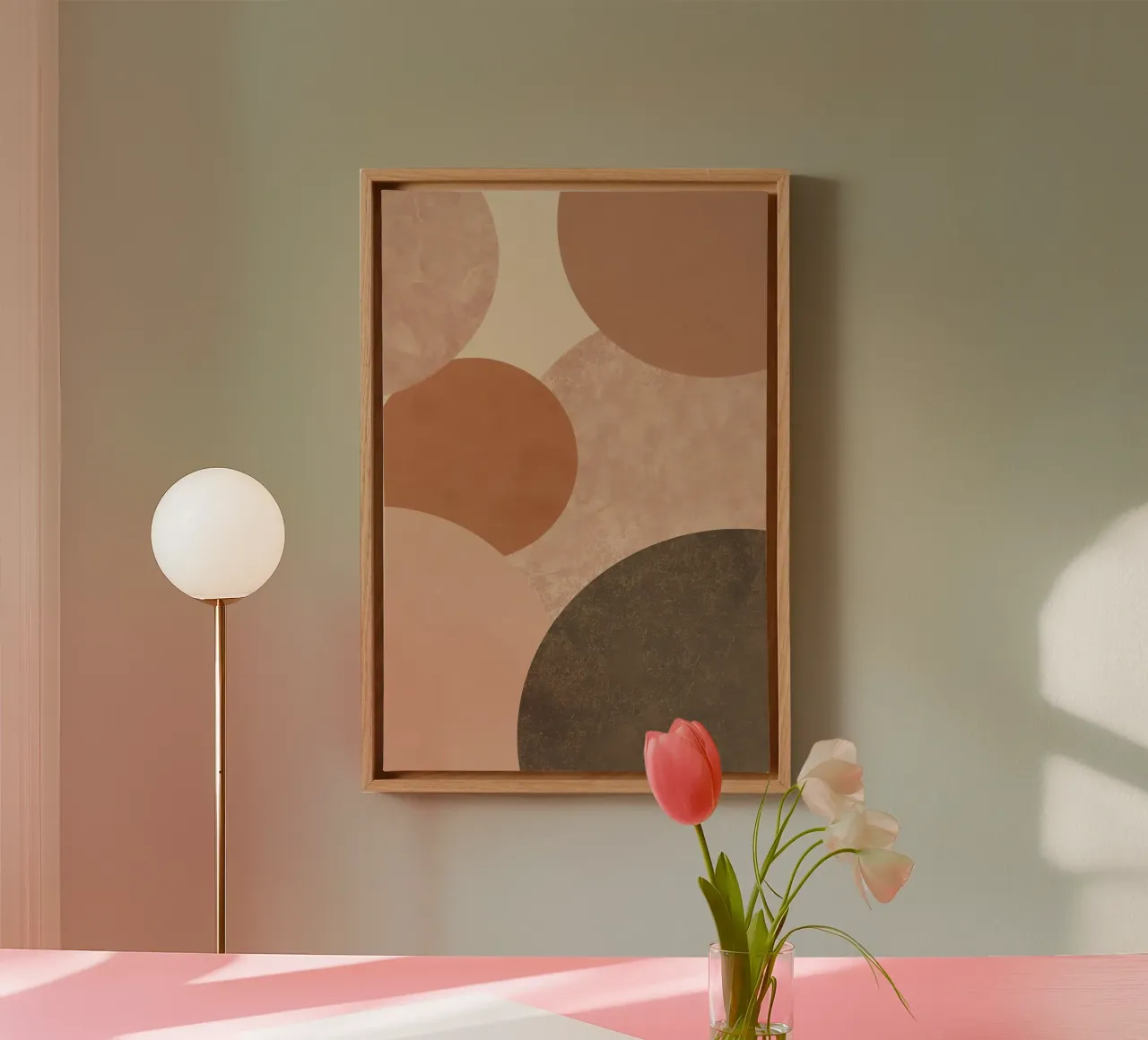 Abstracte beige en bruine cirkels compositie canvas met Baklijst van DesignDoodle